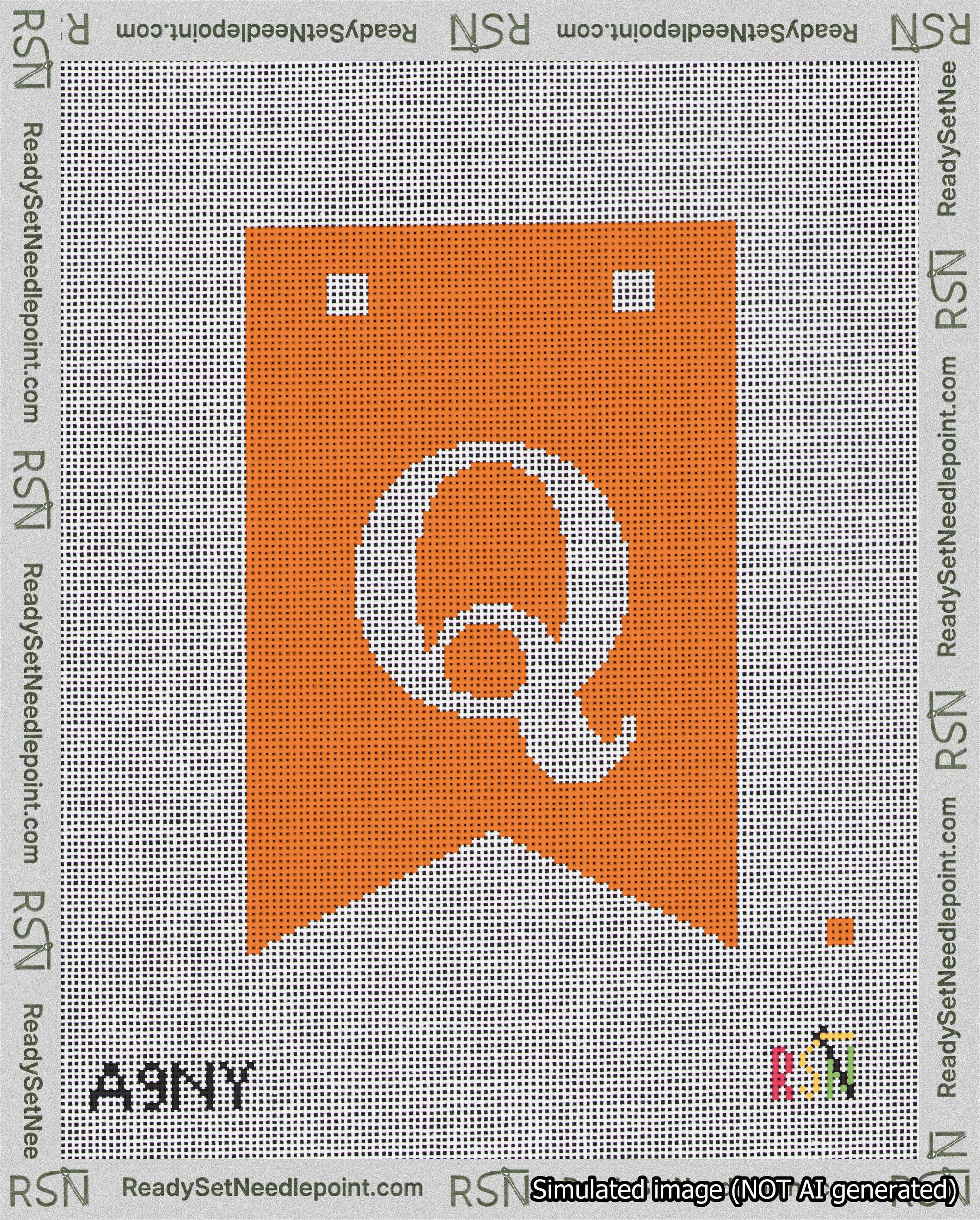 A taped needlepoint canvas with the design: Banner 18 mesh count Forked Q White on Orange.