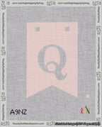 A taped needlepoint canvas with the design: Banner 18 mesh count Forked Q White on Pink.