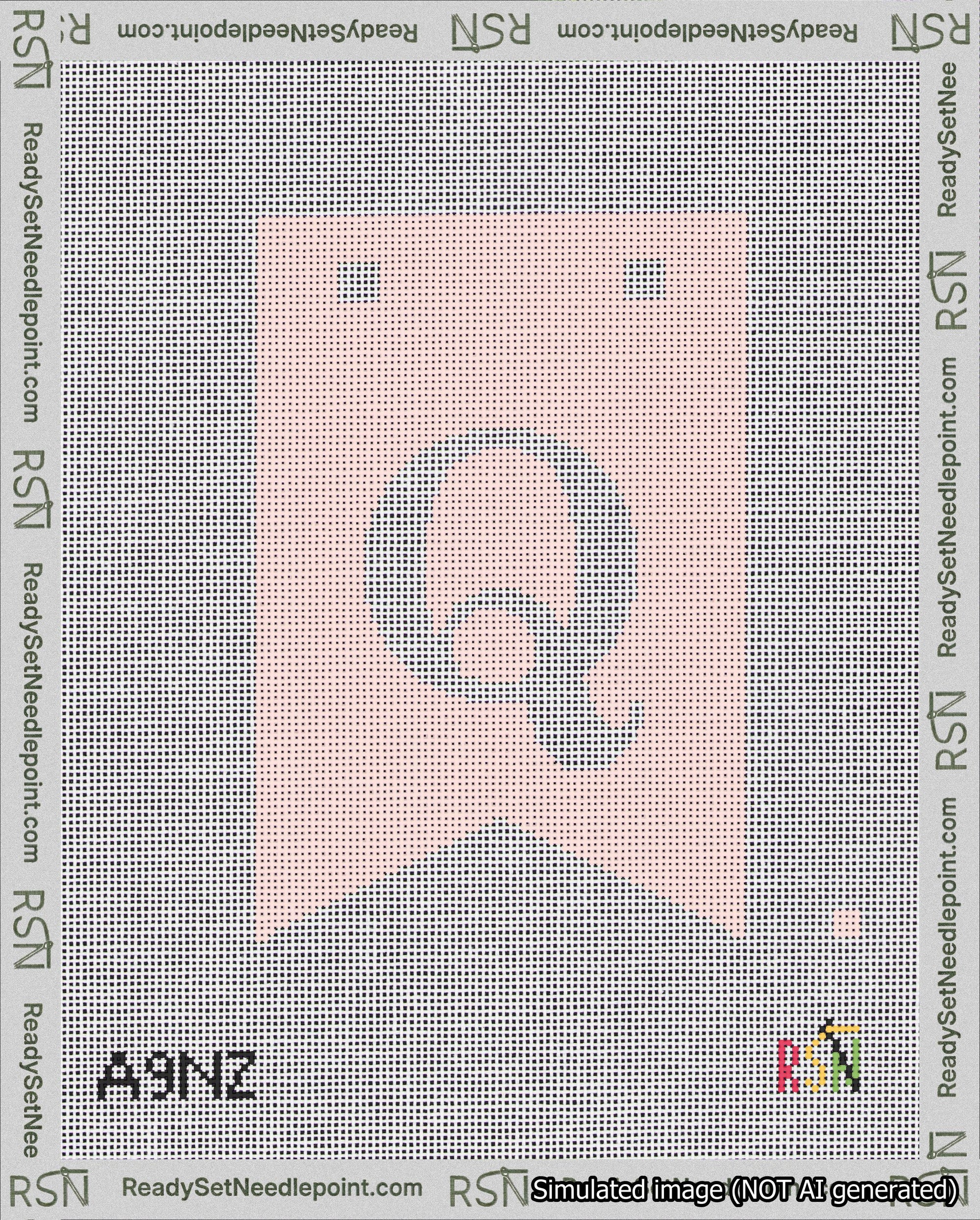 A taped needlepoint canvas with the design: Banner 18 mesh count Forked Q White on Pink.