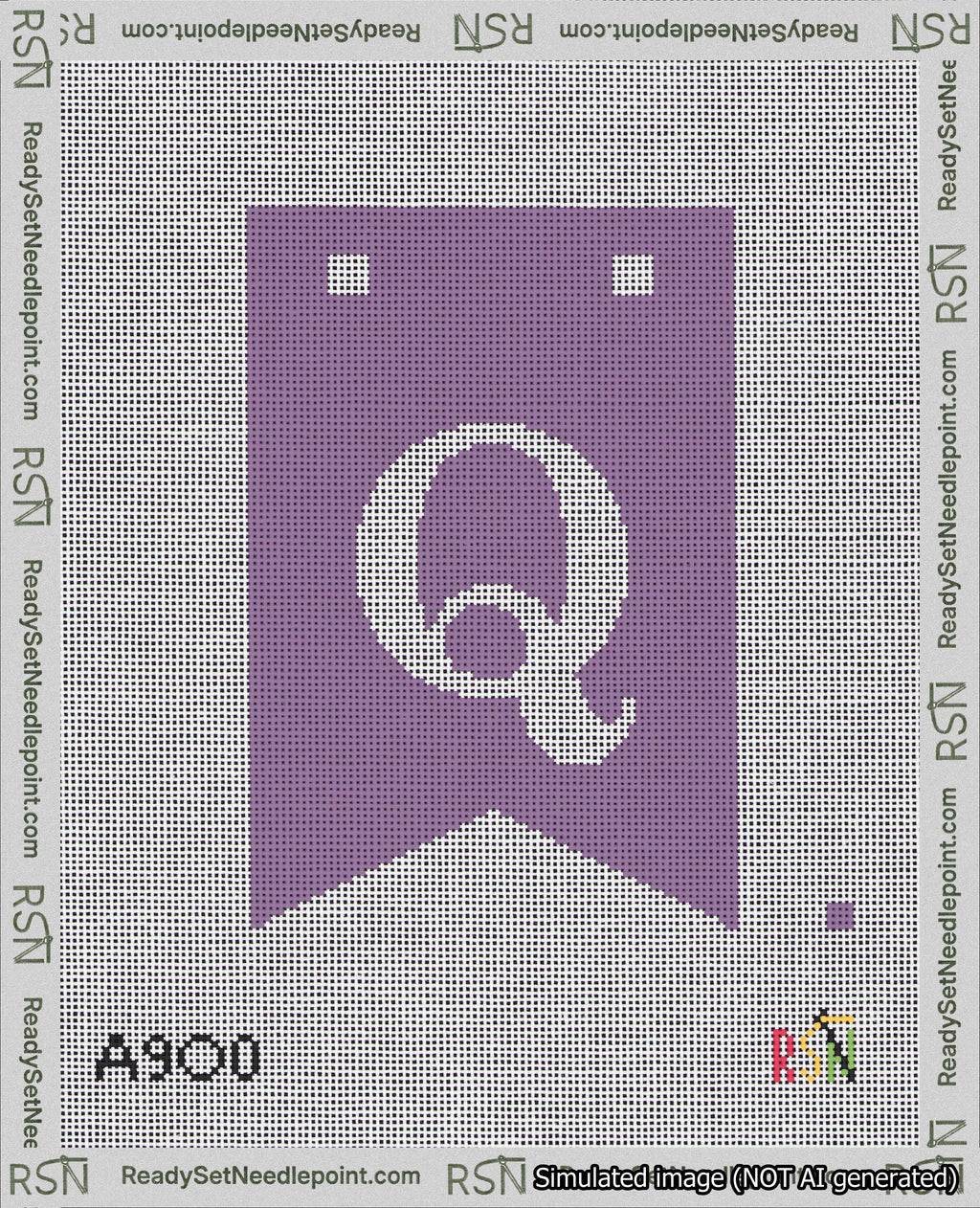 A taped needlepoint canvas with the design: Banner 18 mesh count Forked Q White on Purple.
