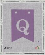 A taped needlepoint canvas with the design: Banner 18 mesh count Forked Q White on Purple.