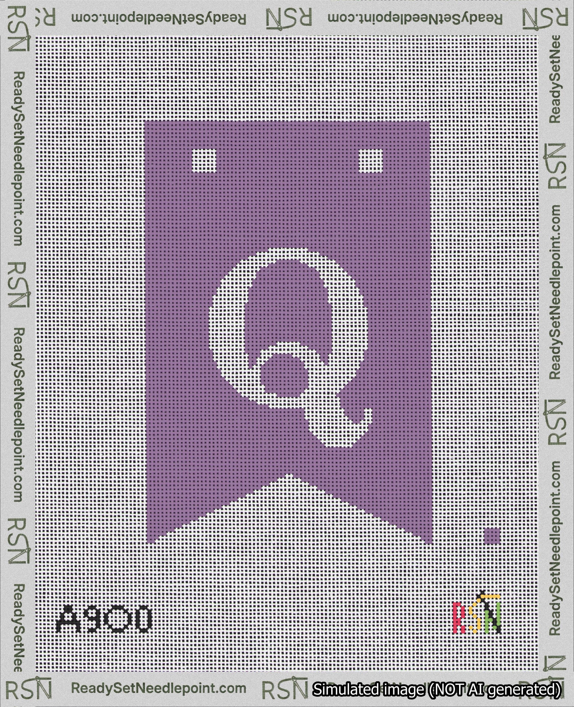 A taped needlepoint canvas with the design: Banner 18 mesh count Forked Q White on Purple.
