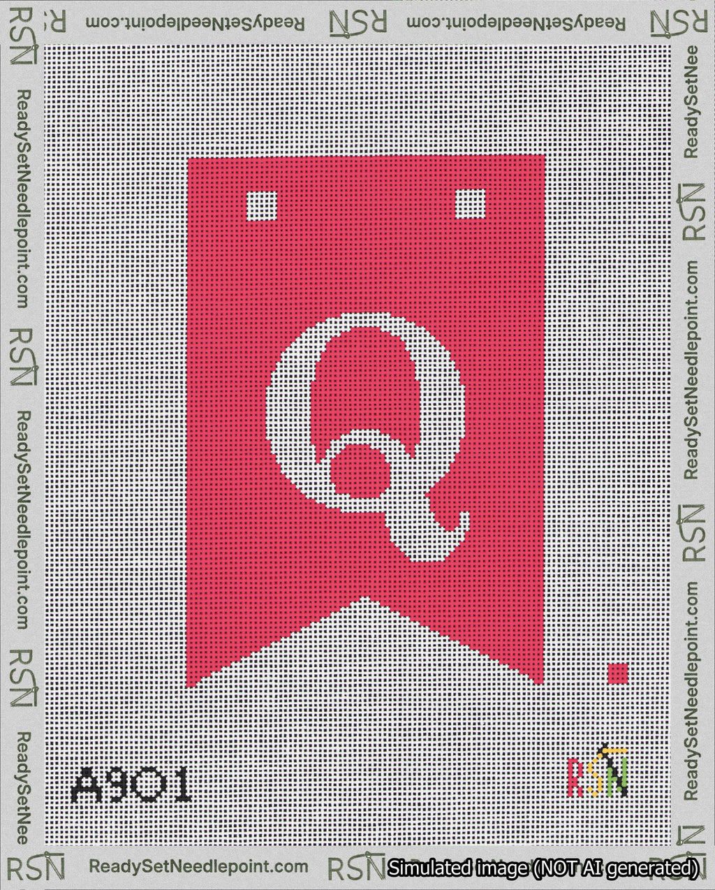 A taped needlepoint canvas with the design: Banner 18 mesh count Forked Q White on Red.