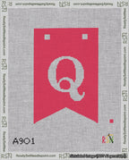 A taped needlepoint canvas with the design: Banner 18 mesh count Forked Q White on Red.