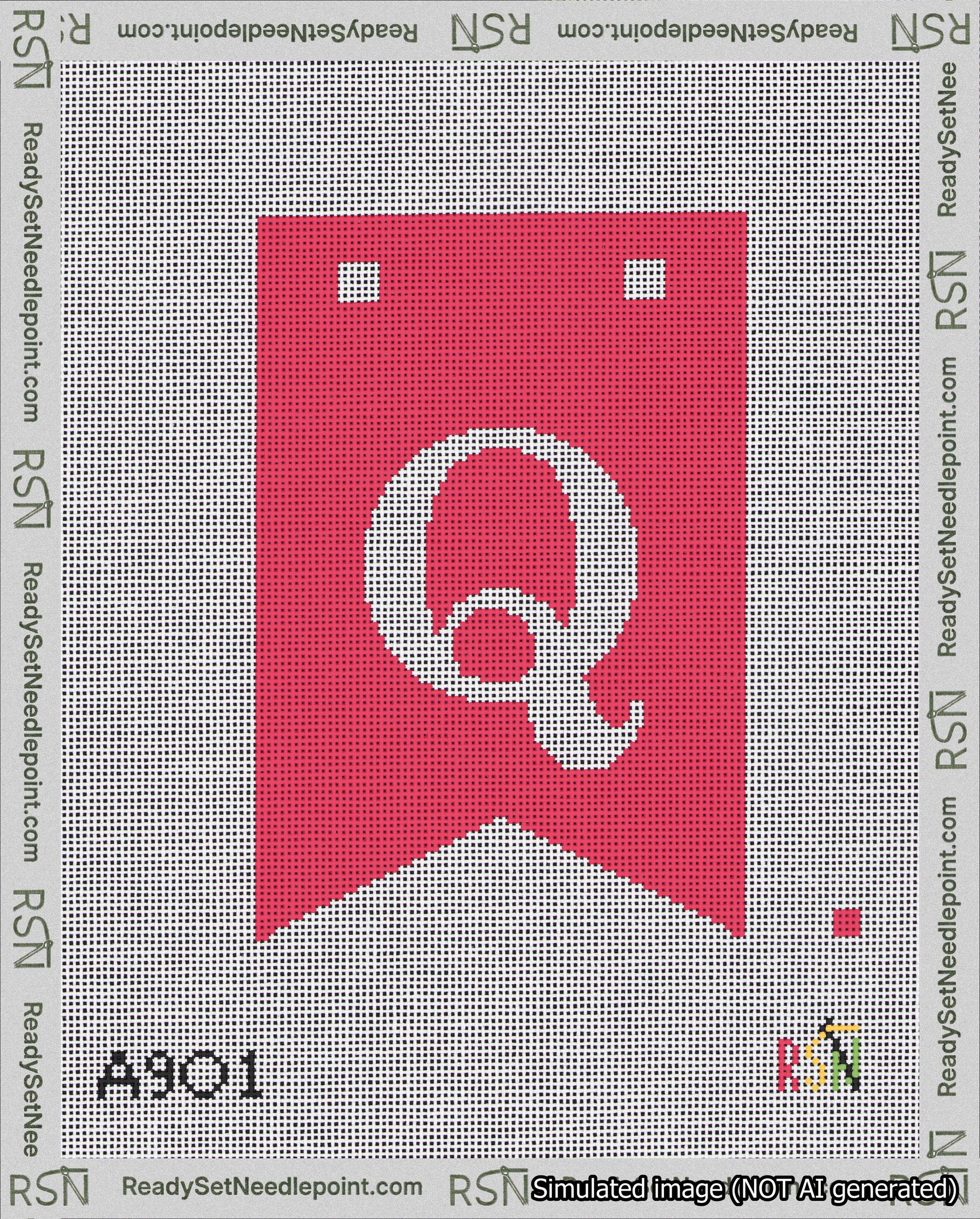 A taped needlepoint canvas with the design: Banner 18 mesh count Forked Q White on Red.