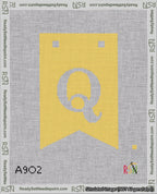 A taped needlepoint canvas with the design: Banner 18 mesh count Forked Q White on Yellow.