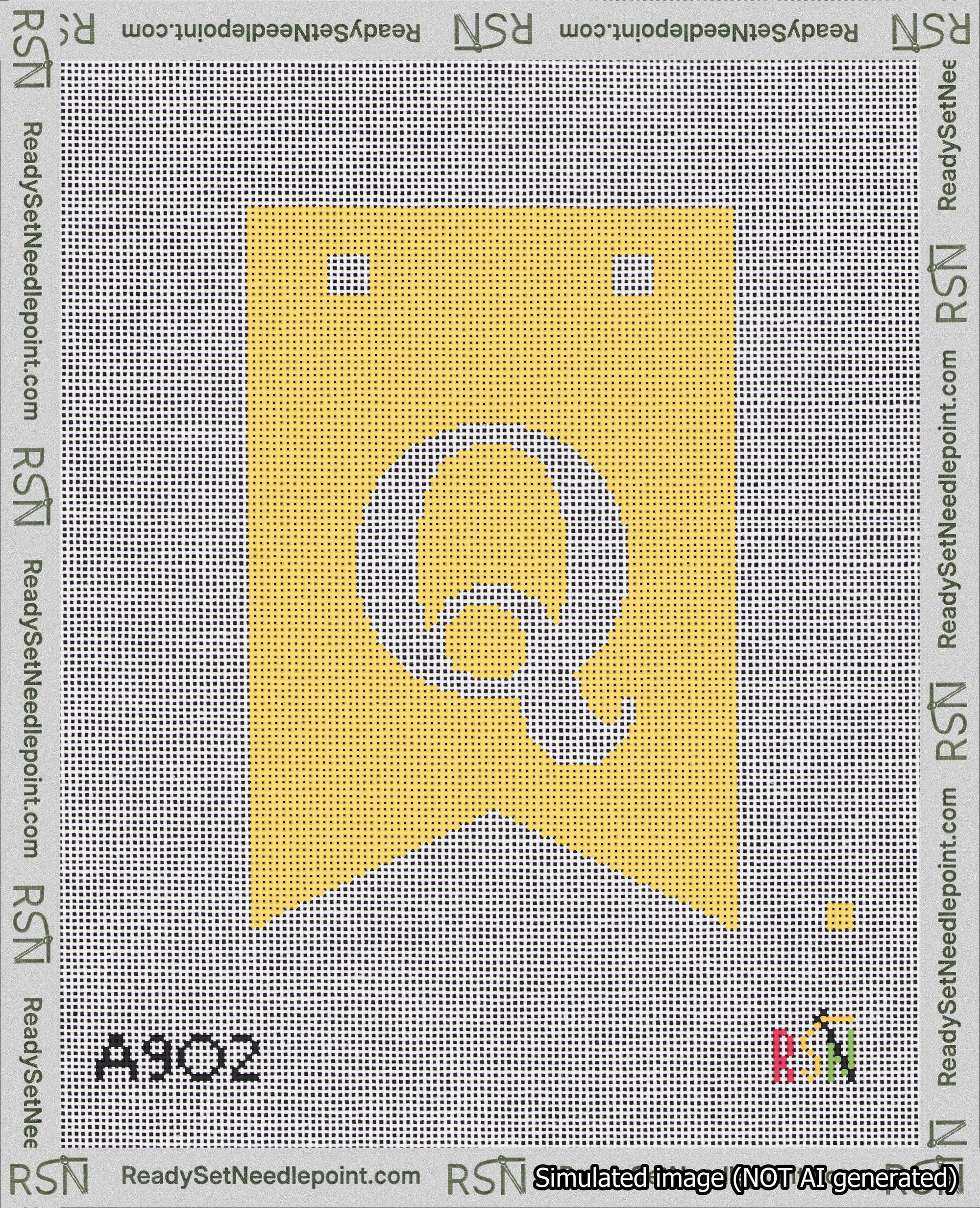 A taped needlepoint canvas with the design: Banner 18 mesh count Forked Q White on Yellow.