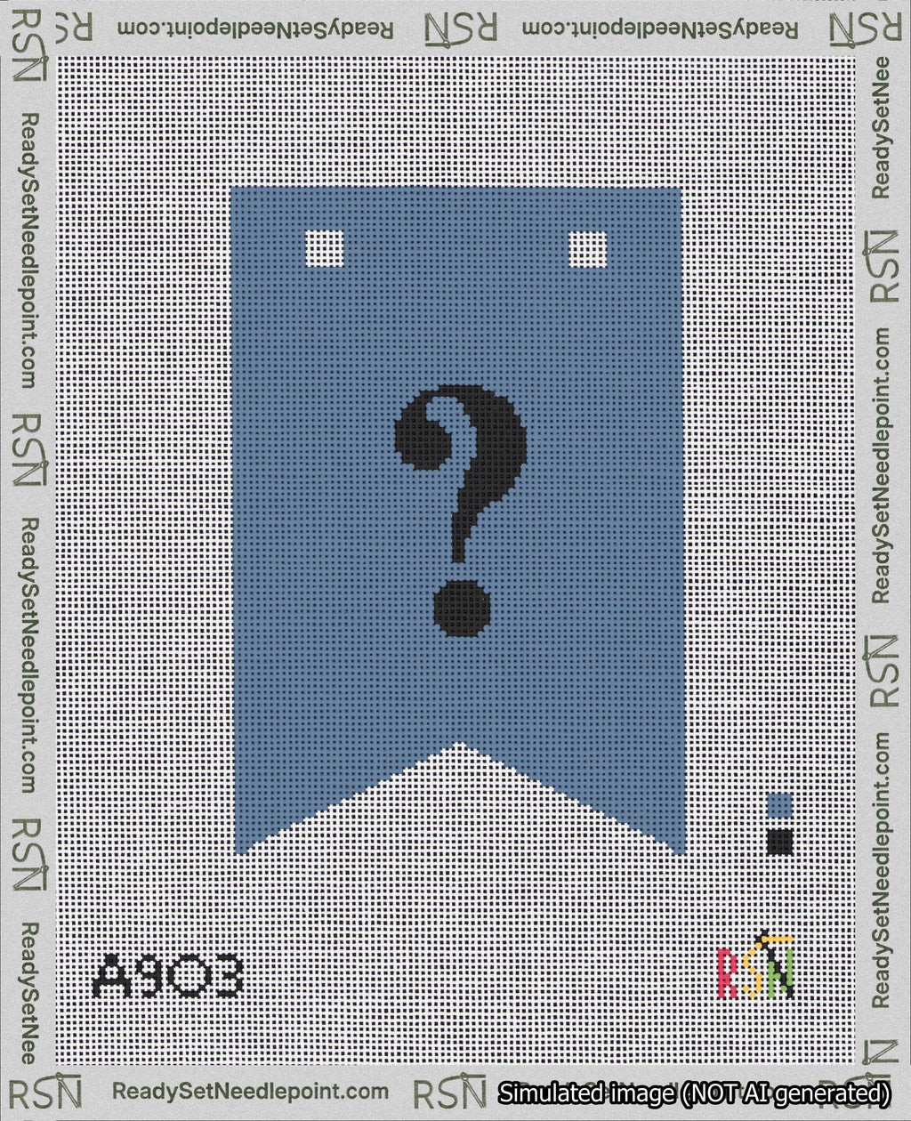 A taped needlepoint canvas with the design: Banner 18 mesh count Forked Question Black on Blue.