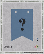 A taped needlepoint canvas with the design: Banner 18 mesh count Forked Question Black on Blue.