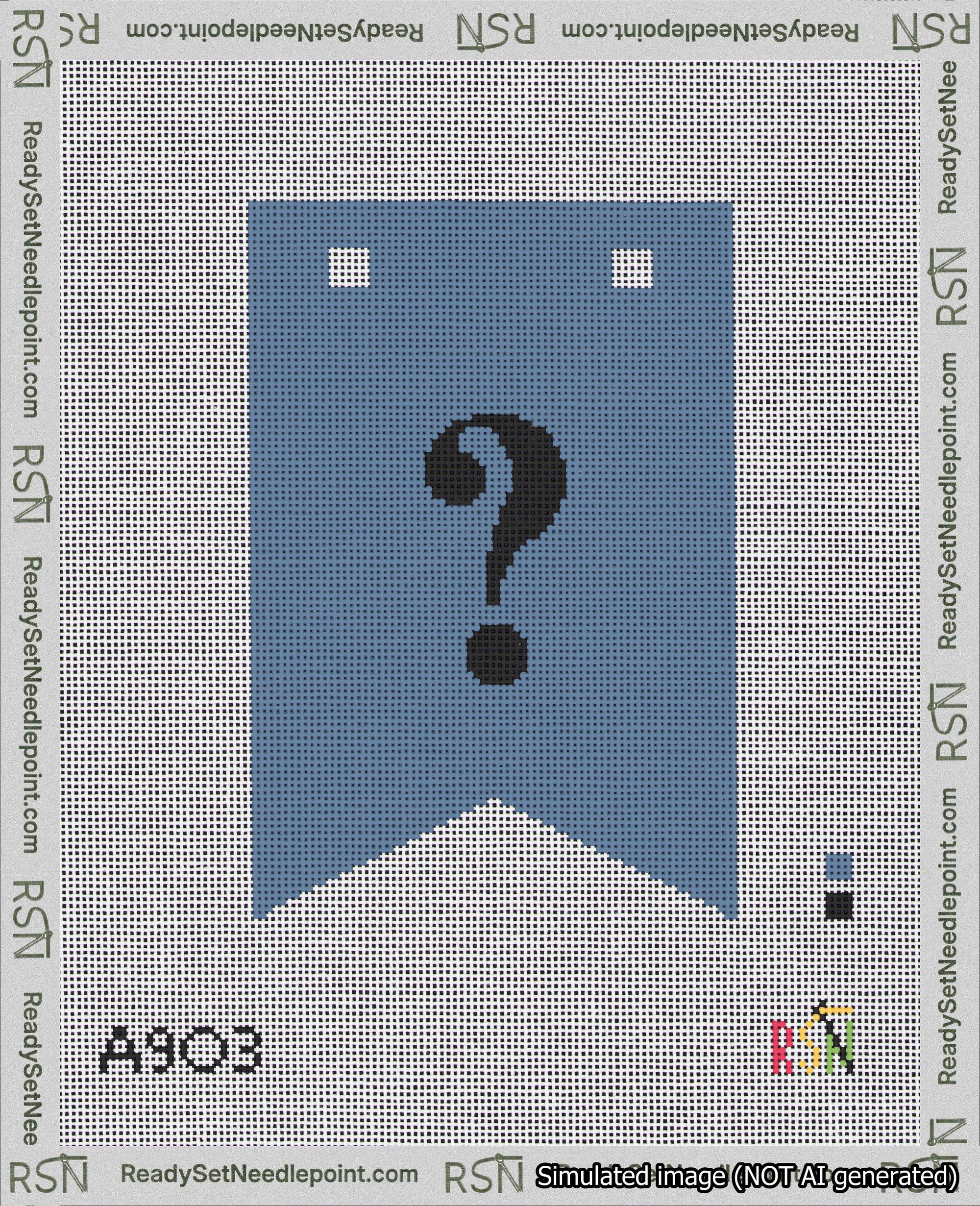 A taped needlepoint canvas with the design: Banner 18 mesh count Forked Question Black on Blue.