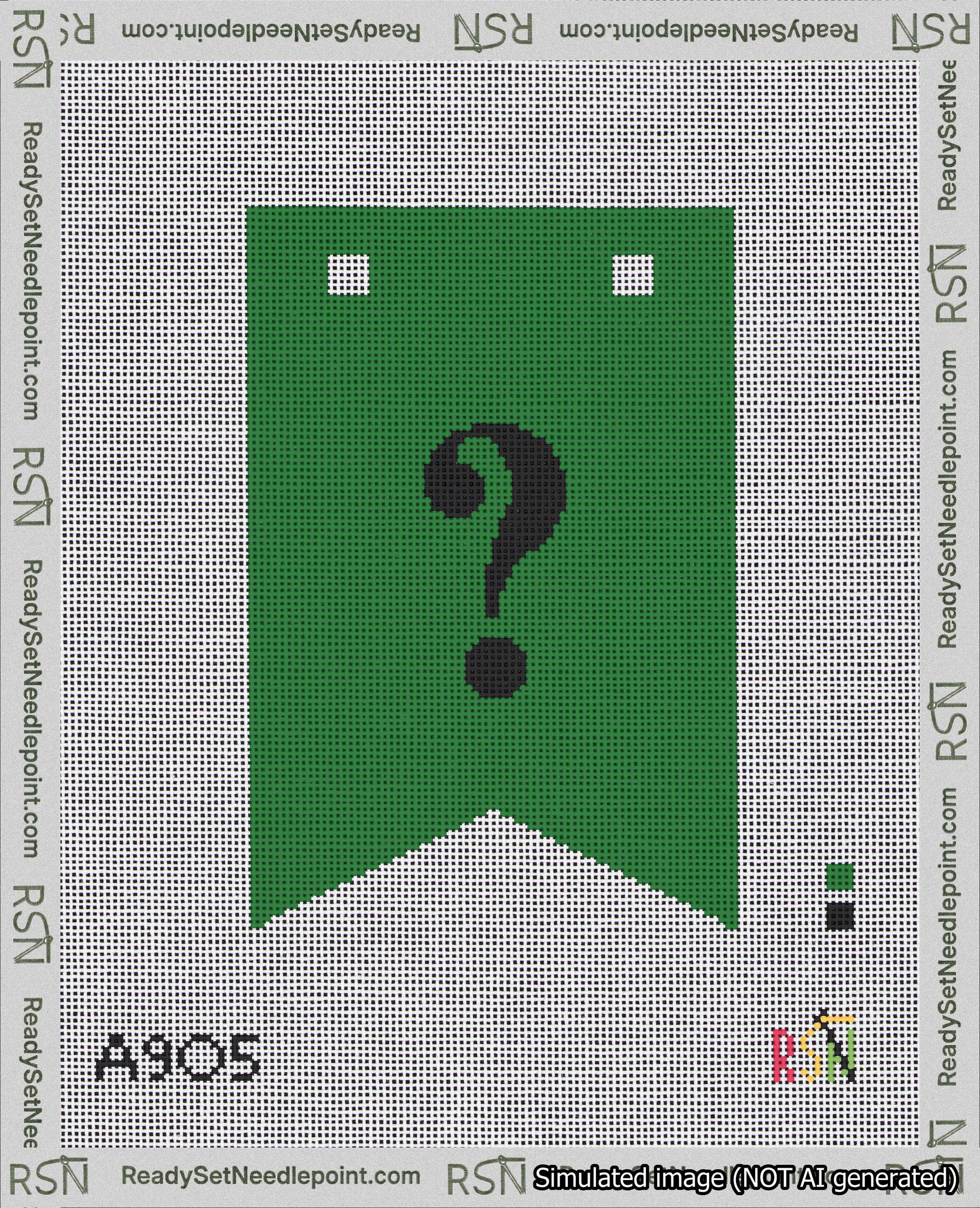 A taped needlepoint canvas with the design: Banner 18 mesh count Forked Question Black on Green.