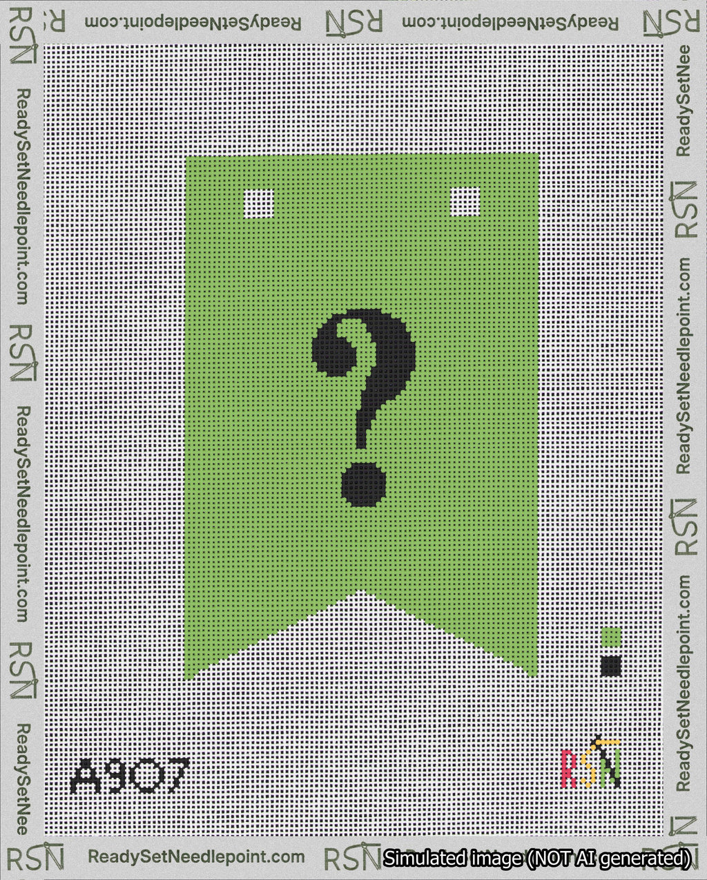 A taped needlepoint canvas with the design: Banner 18 mesh count Forked Question Black on Light Green.