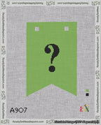 A taped needlepoint canvas with the design: Banner 18 mesh count Forked Question Black on Light Green.