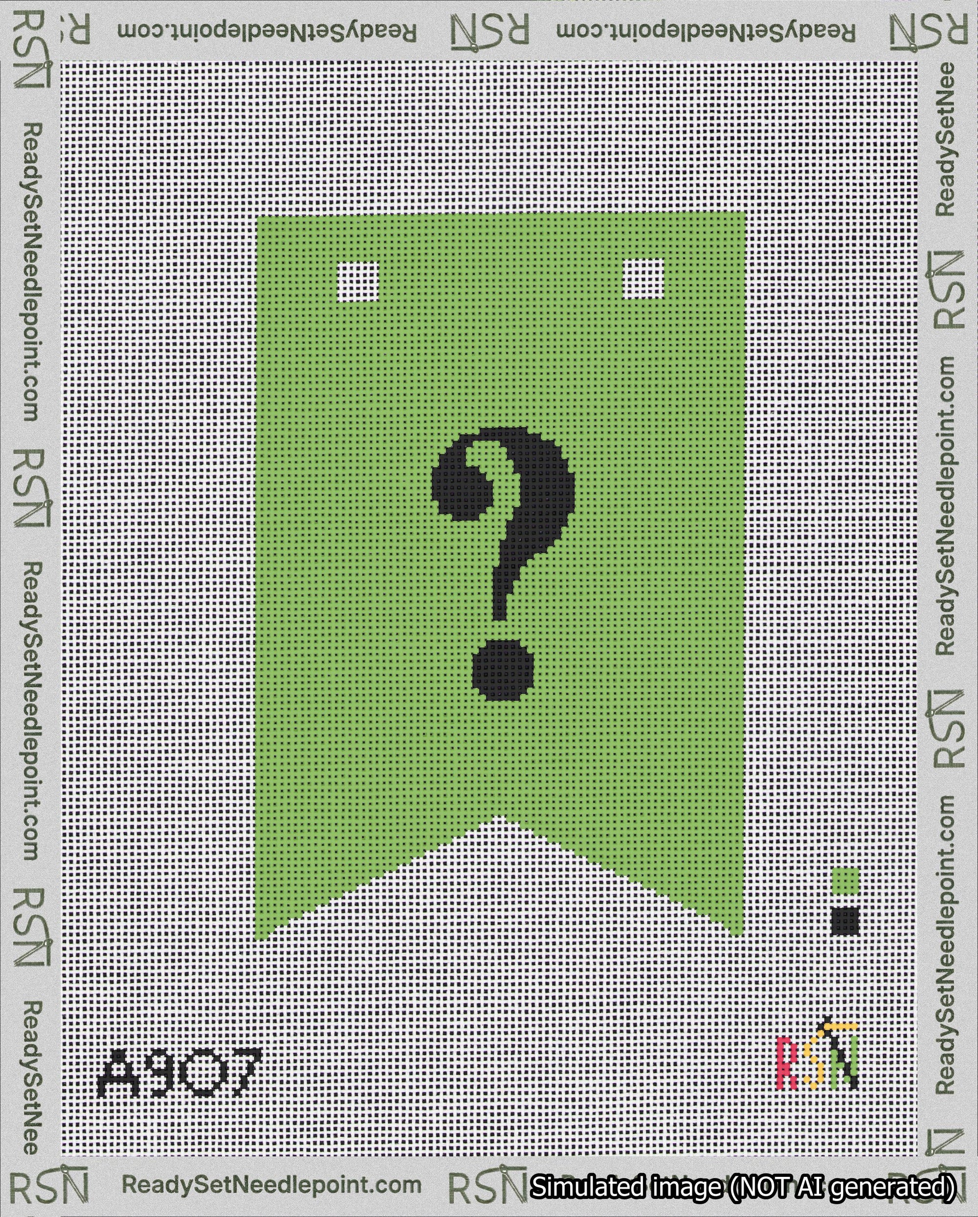A taped needlepoint canvas with the design: Banner 18 mesh count Forked Question Black on Light Green.