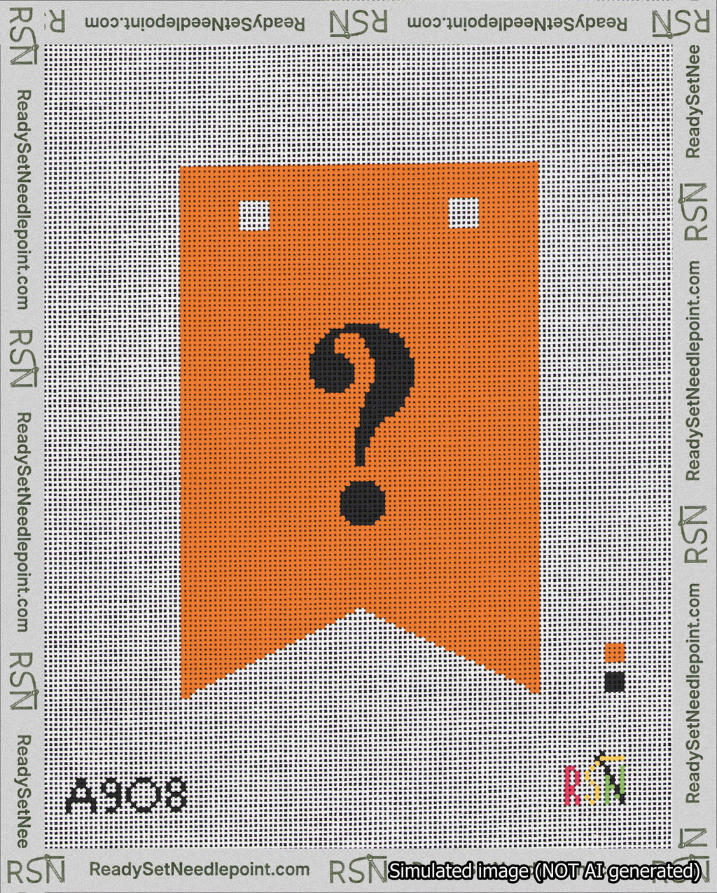 A taped needlepoint canvas with the design: Banner 18 mesh count Forked Question Black on Orange.