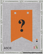 A taped needlepoint canvas with the design: Banner 18 mesh count Forked Question Black on Orange.