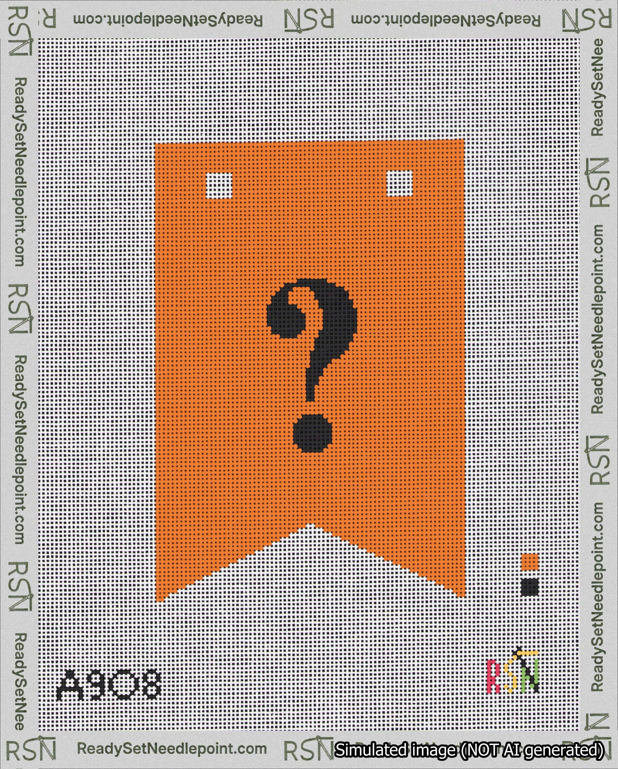 A taped needlepoint canvas with the design: Banner 18 mesh count Forked Question Black on Orange.