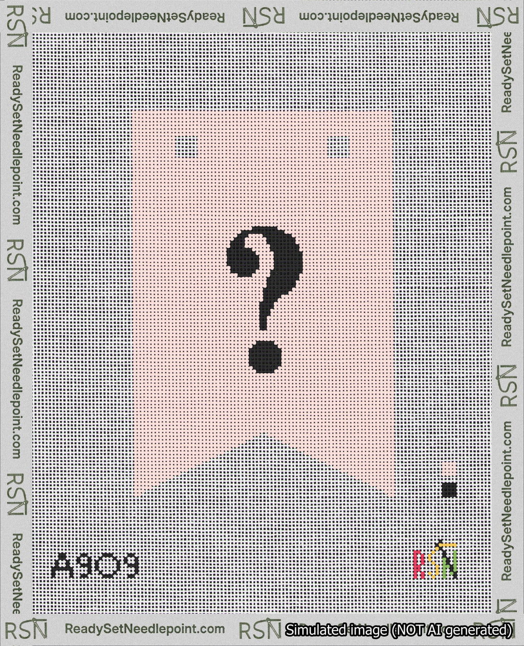 A taped needlepoint canvas with the design: Banner 18 mesh count Forked Question Black on Pink.