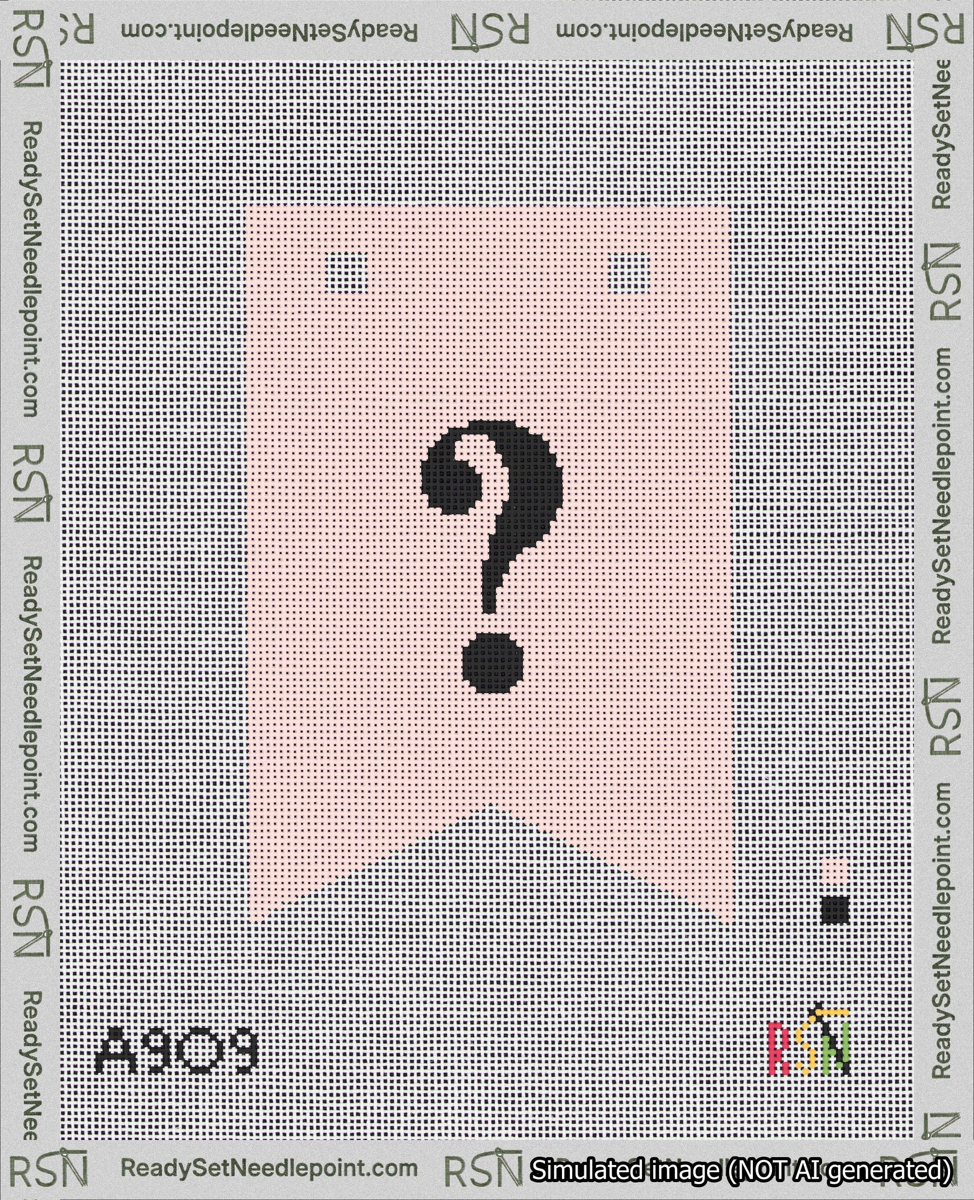 A taped needlepoint canvas with the design: Banner 18 mesh count Forked Question Black on Pink.