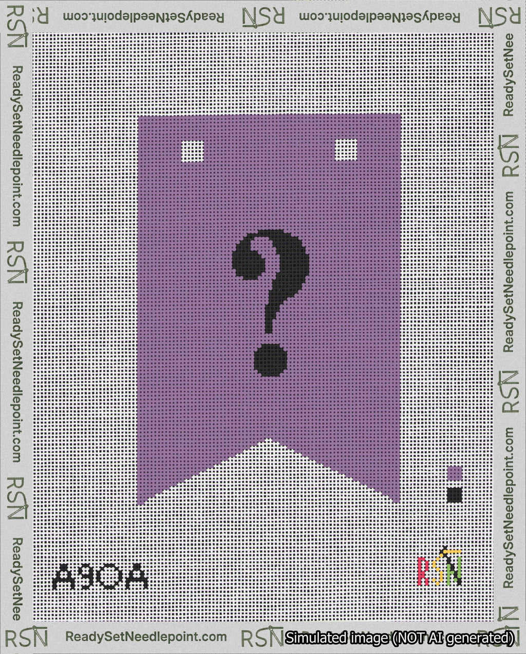 A taped needlepoint canvas with the design: Banner 18 mesh count Forked Question Black on Purple.