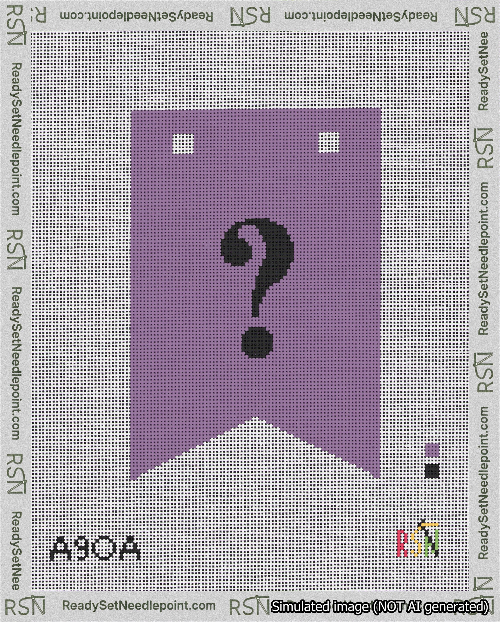 A taped needlepoint canvas with the design: Banner 18 mesh count Forked Question Black on Purple.