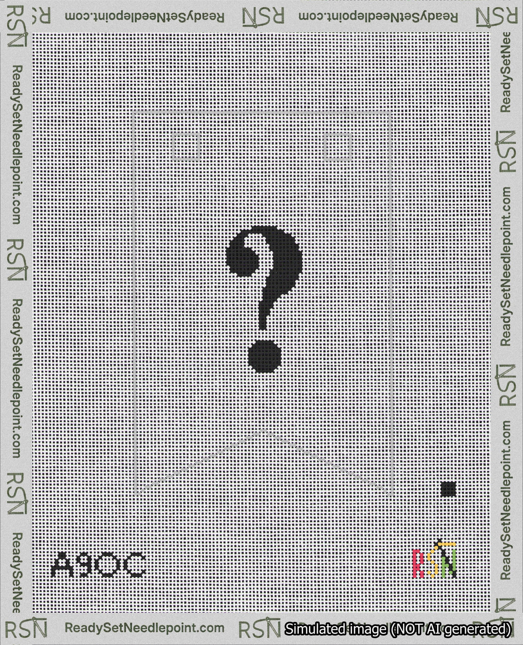 A taped needlepoint canvas with the design: Banner 18 mesh count Forked Question Black on White.