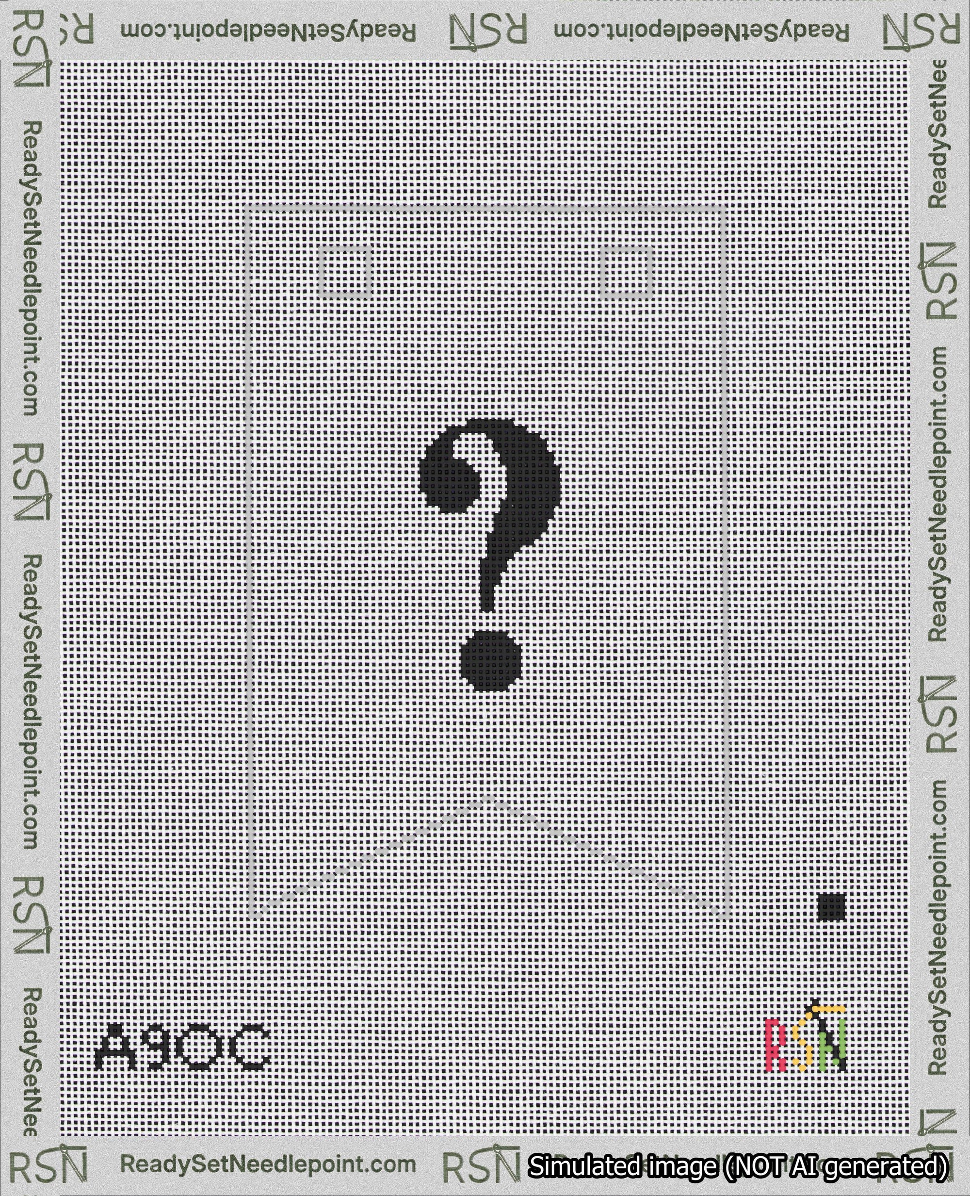 A taped needlepoint canvas with the design: Banner 18 mesh count Forked Question Black on White.