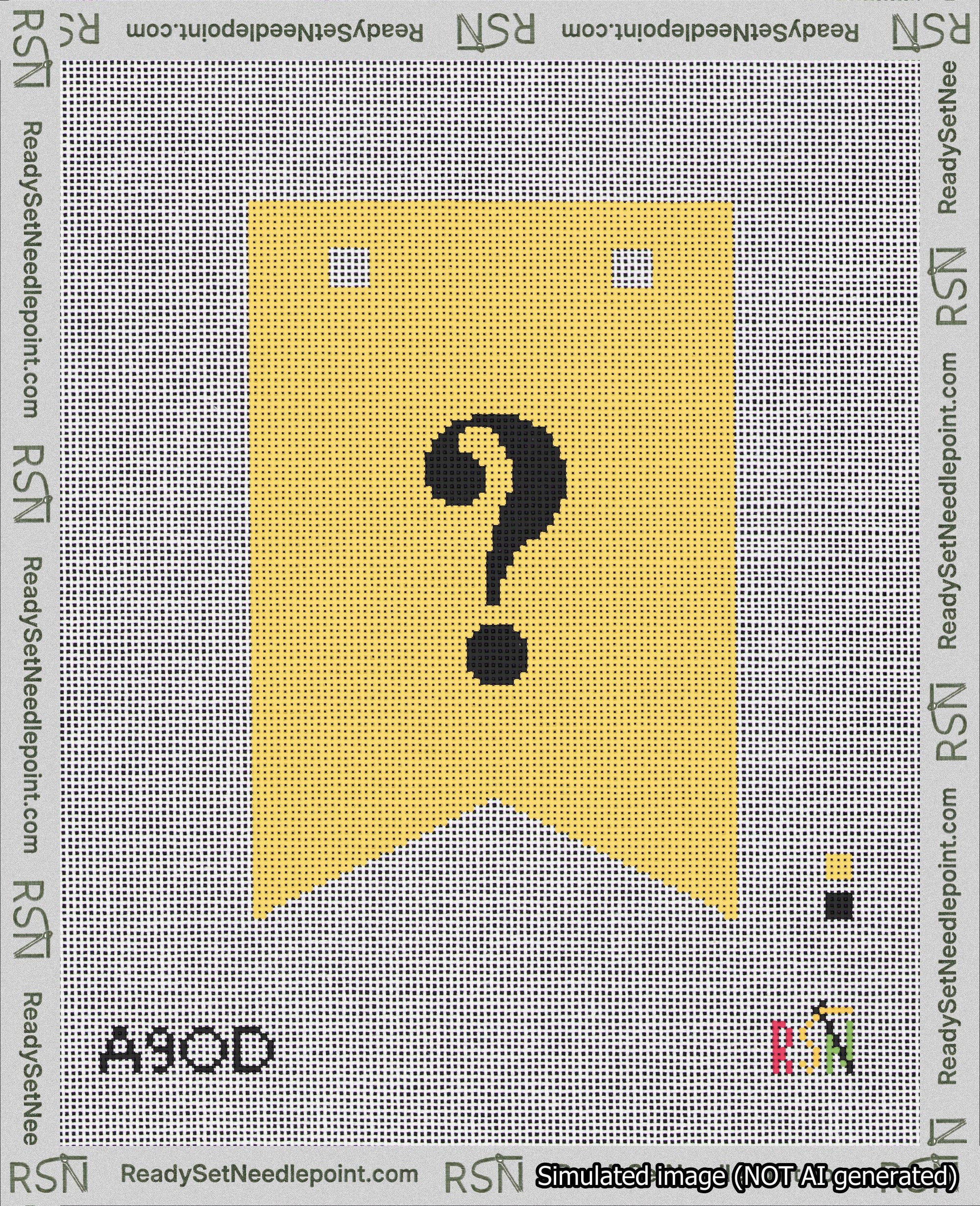 A taped needlepoint canvas with the design: Banner 18 mesh count Forked Question Black on Yellow.