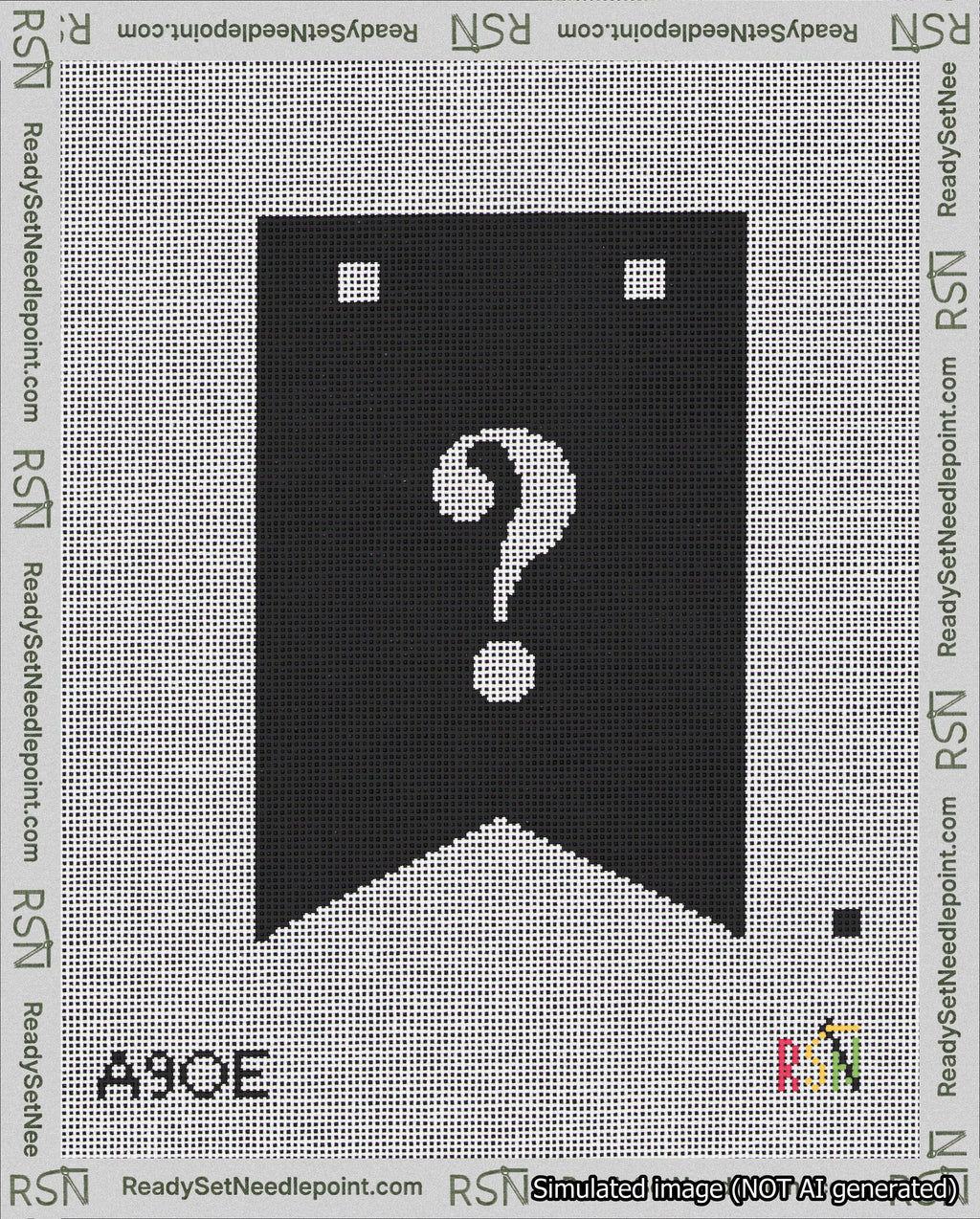A taped needlepoint canvas with the design: Banner 18 mesh count Forked Question White on Black.