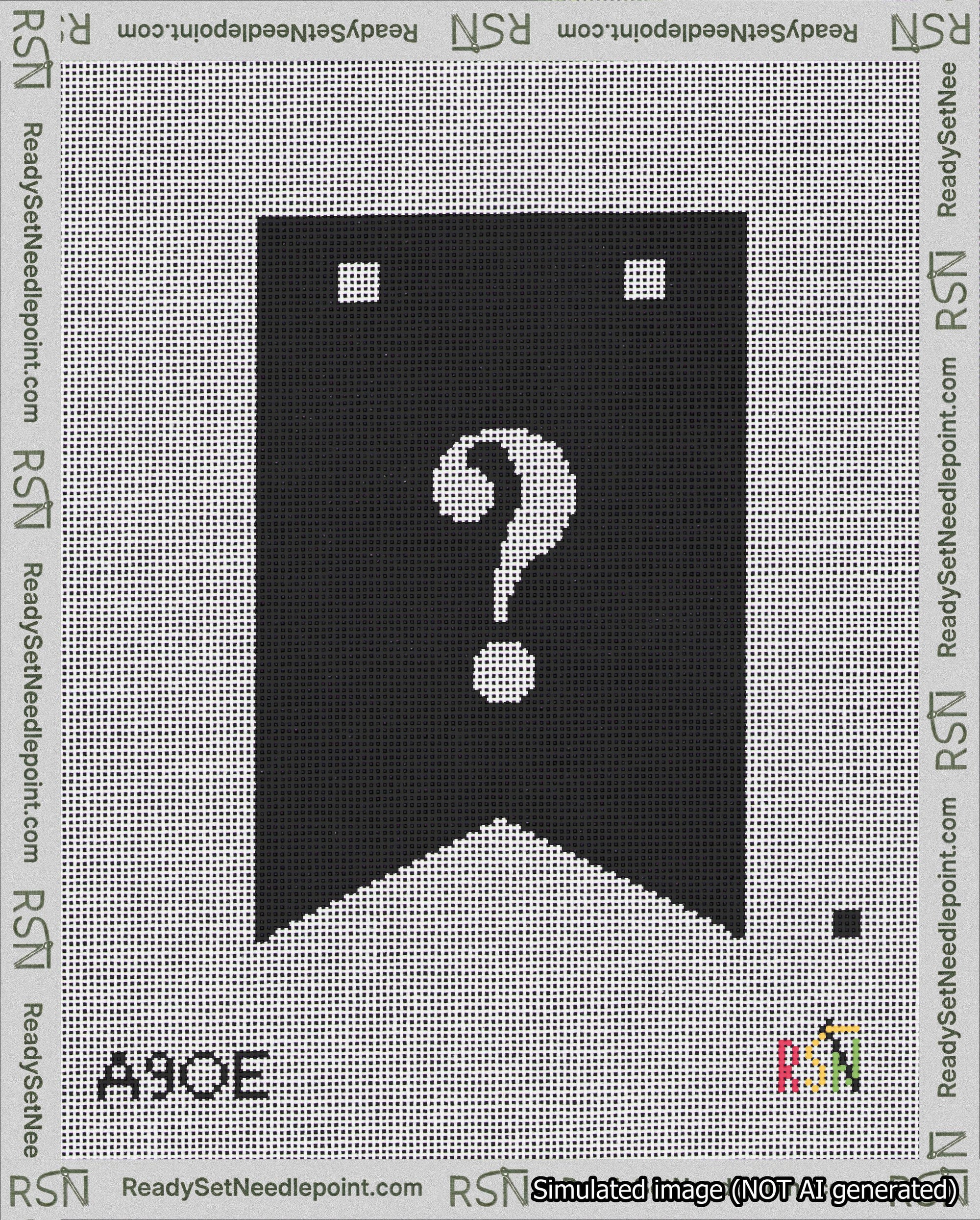 A taped needlepoint canvas with the design: Banner 18 mesh count Forked Question White on Black.