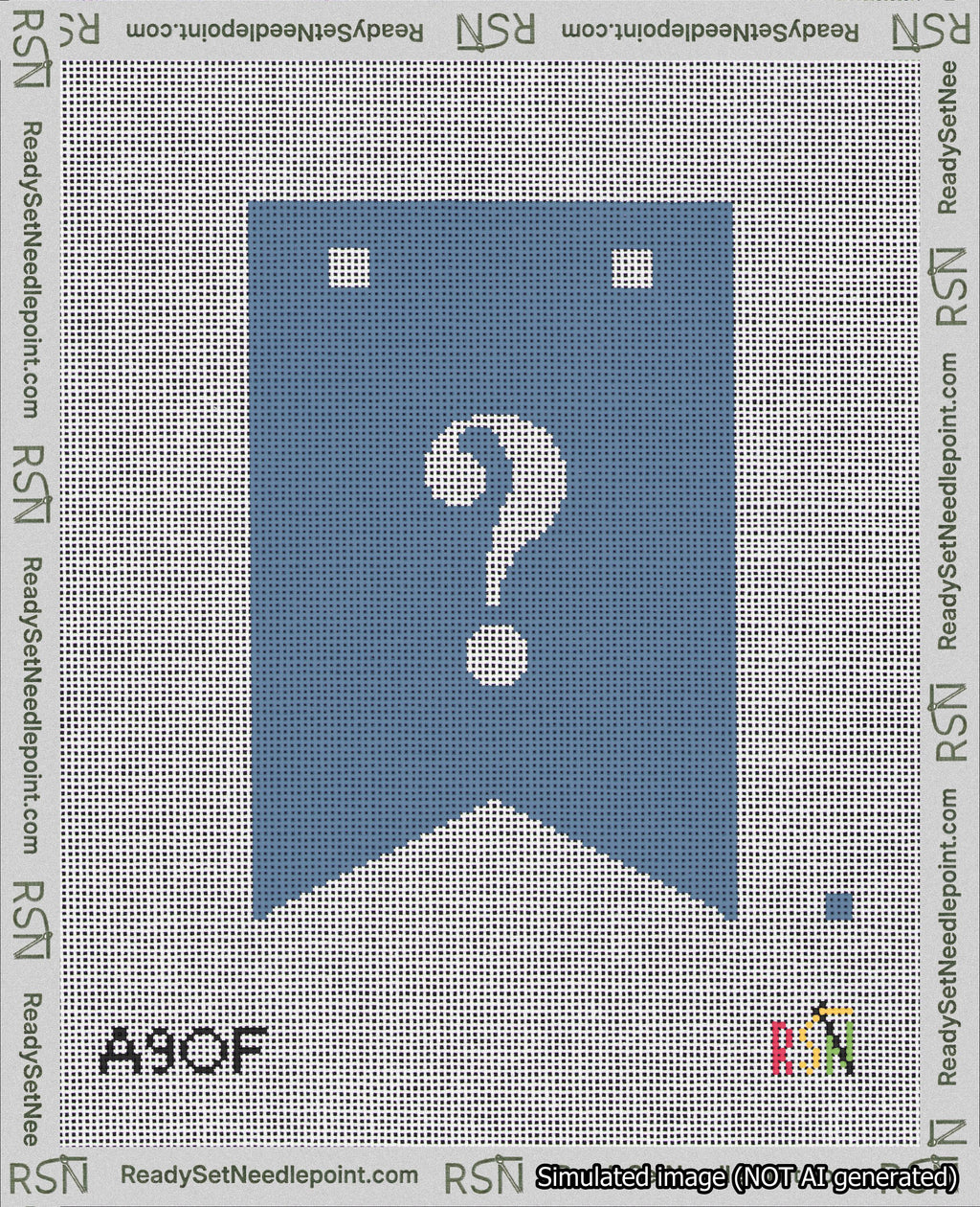 A taped needlepoint canvas with the design: Banner 18 mesh count Forked Question White on Blue.