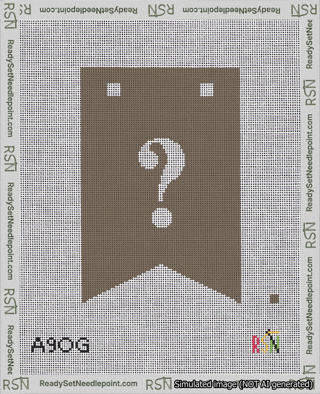 A taped needlepoint canvas with the design: Banner 18 mesh count Forked Question White on Brown.