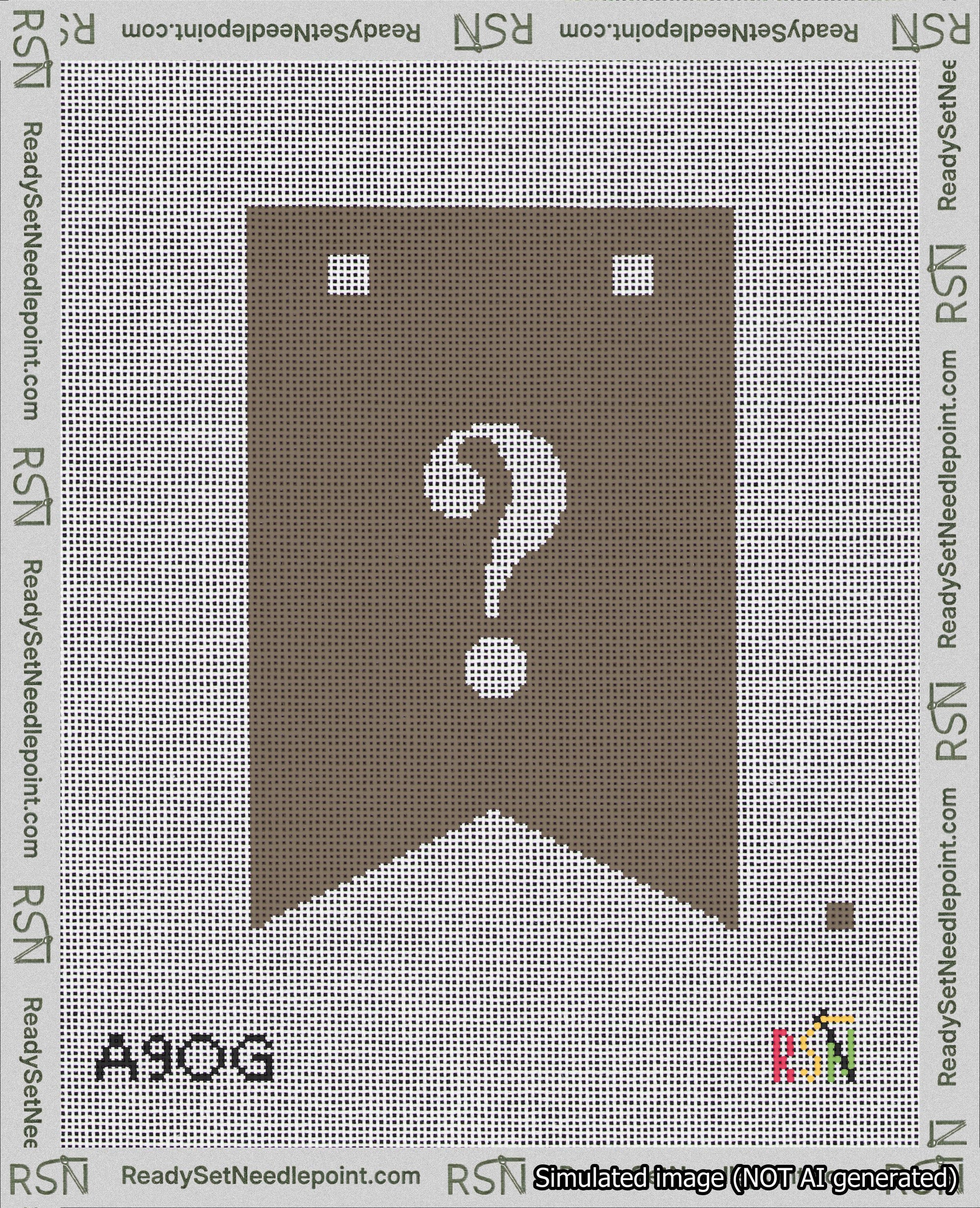 A taped needlepoint canvas with the design: Banner 18 mesh count Forked Question White on Brown.