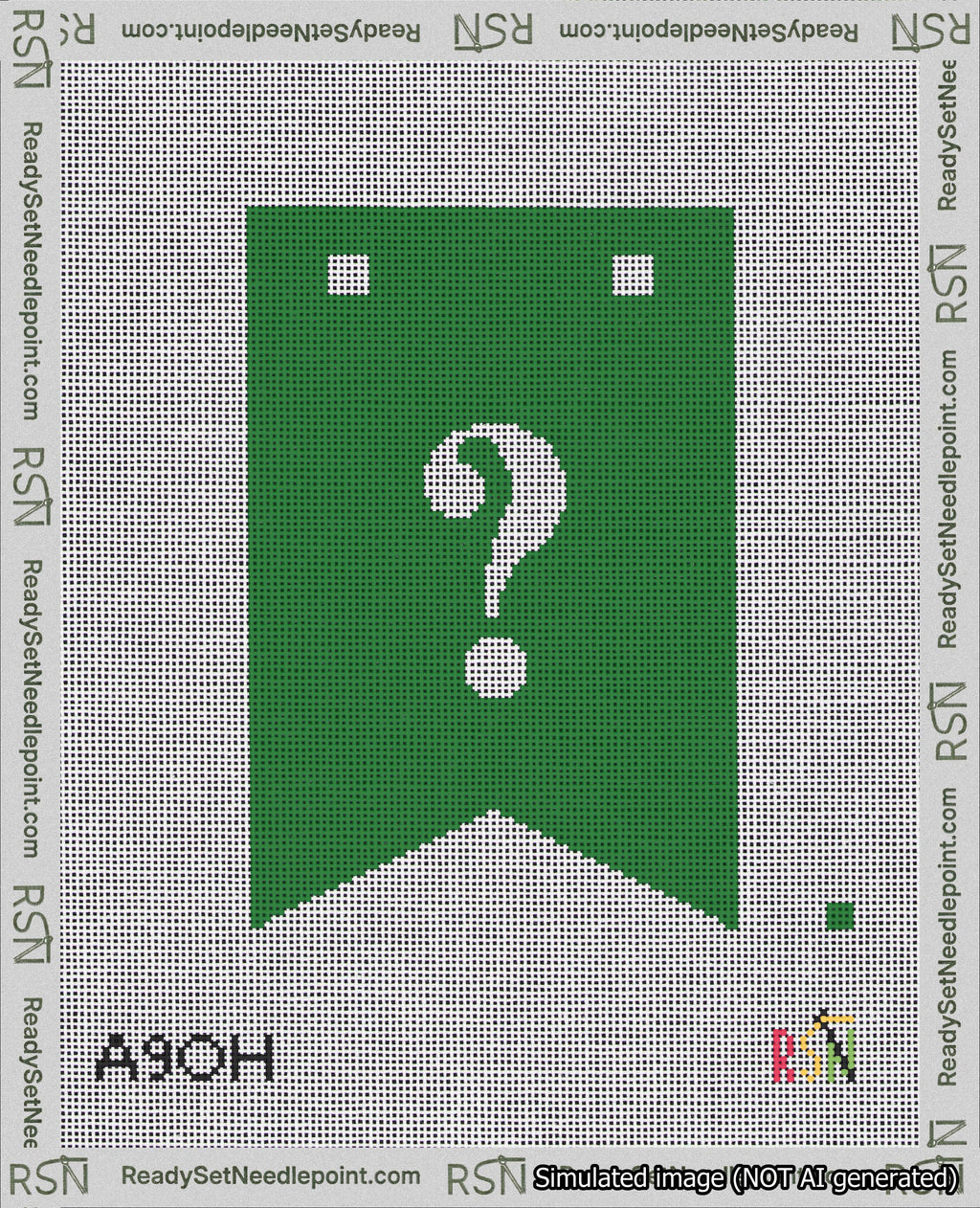 A taped needlepoint canvas with the design: Banner 18 mesh count Forked Question White on Green.
