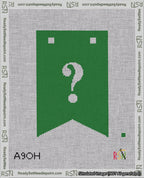 A taped needlepoint canvas with the design: Banner 18 mesh count Forked Question White on Green.