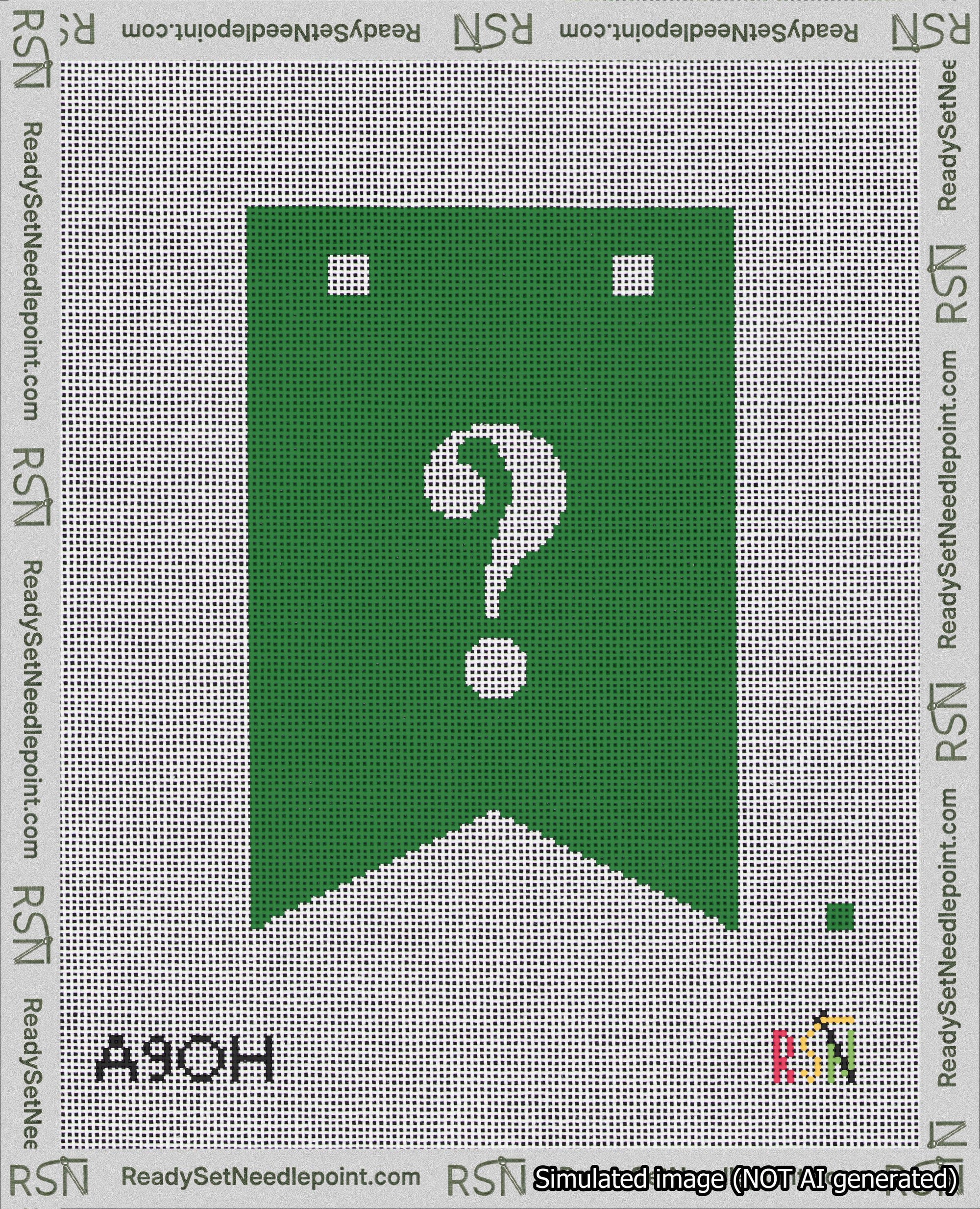A taped needlepoint canvas with the design: Banner 18 mesh count Forked Question White on Green.