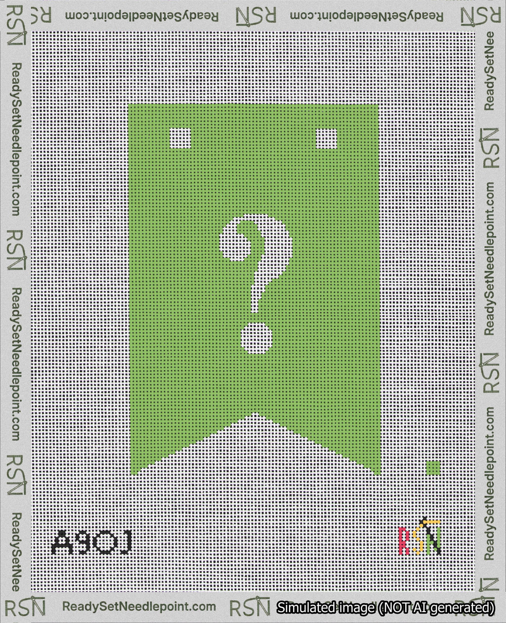 A taped needlepoint canvas with the design: Banner 18 mesh count Forked Question White on Light Green.