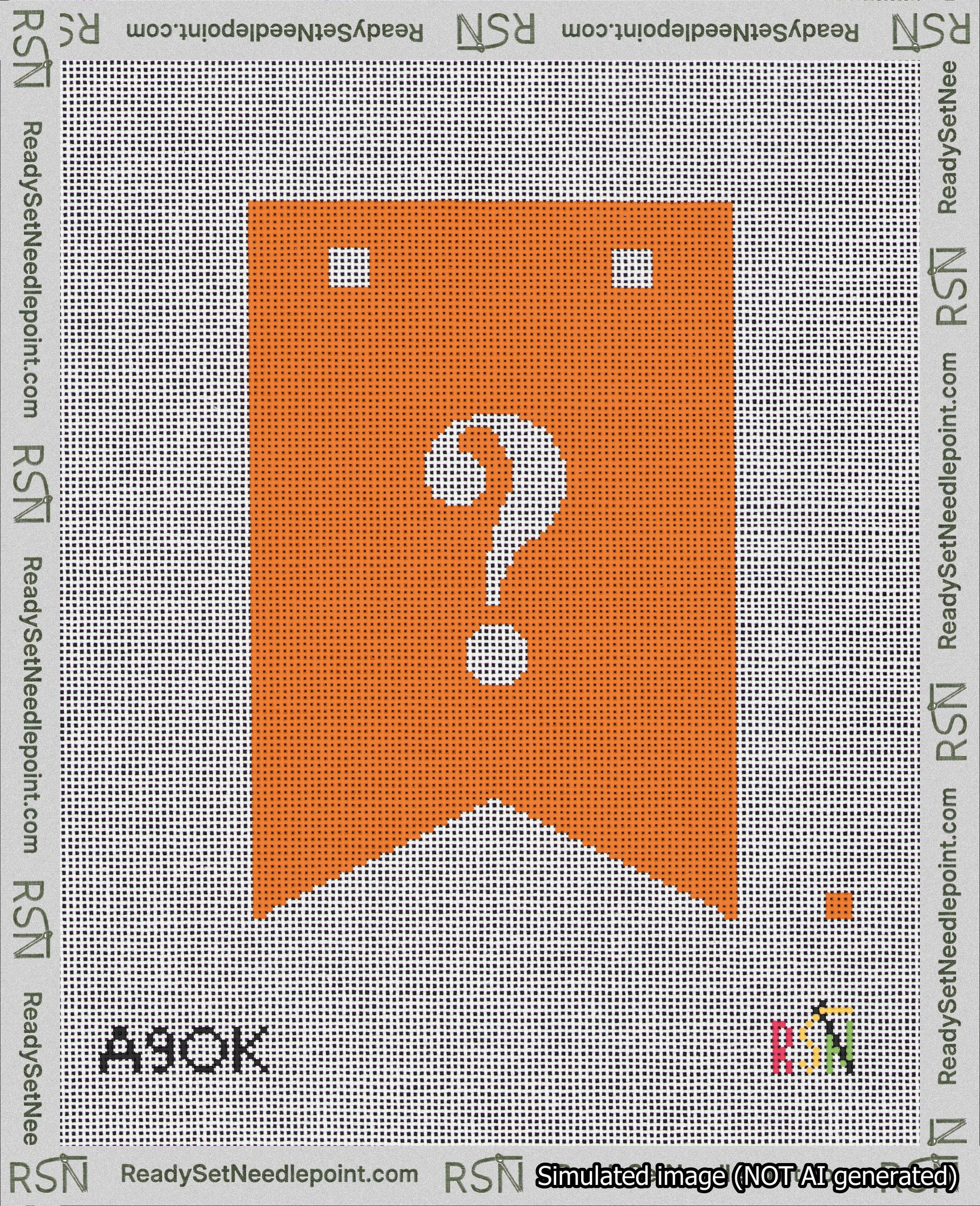A taped needlepoint canvas with the design: Banner 18 mesh count Forked Question White on Orange.