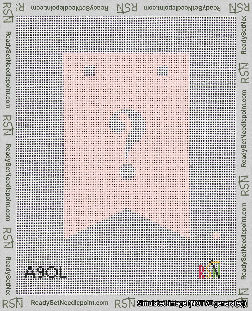 A taped needlepoint canvas with the design: Banner 18 mesh count Forked Question White on Pink.