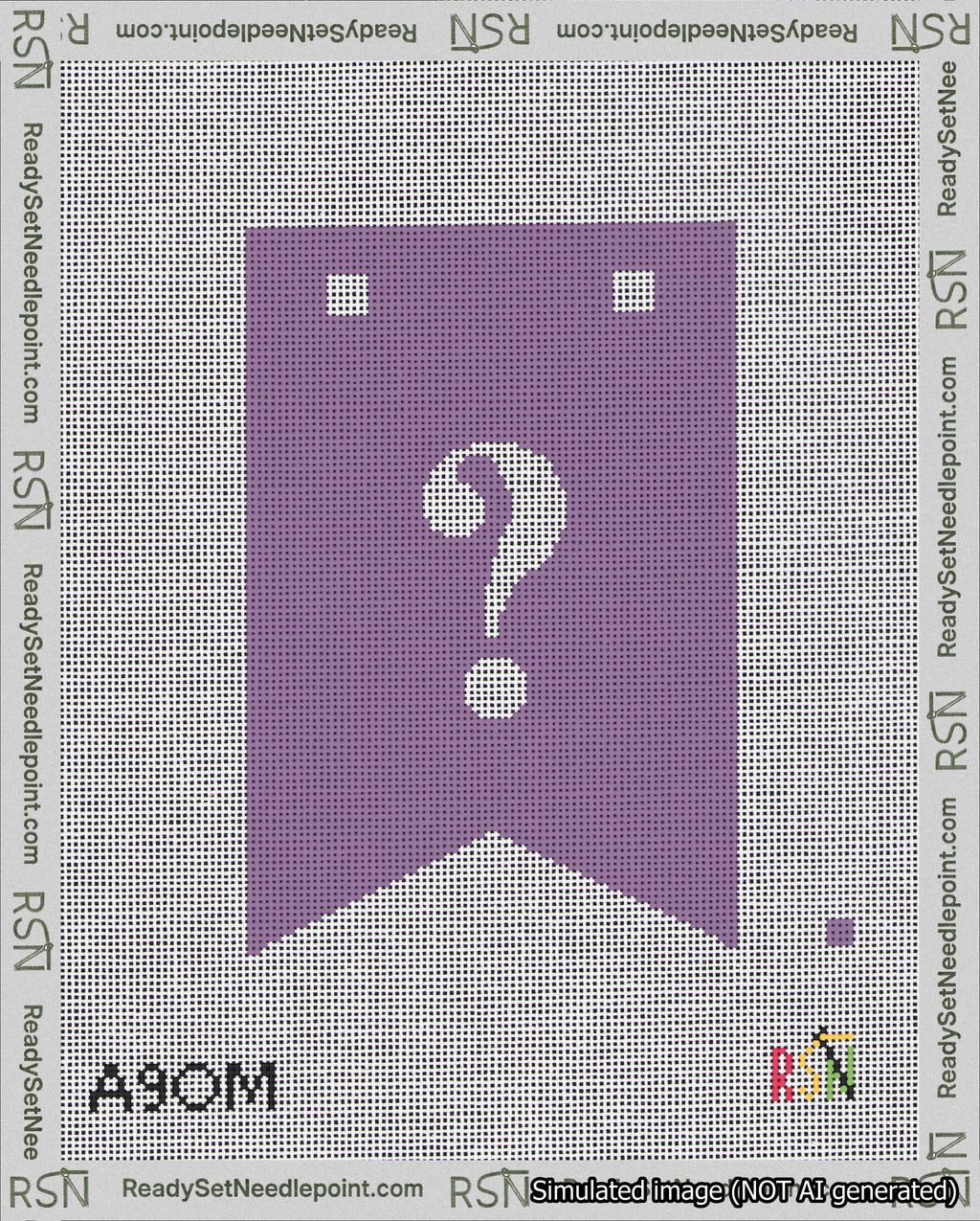 A taped needlepoint canvas with the design: Banner 18 mesh count Forked Question White on Purple.