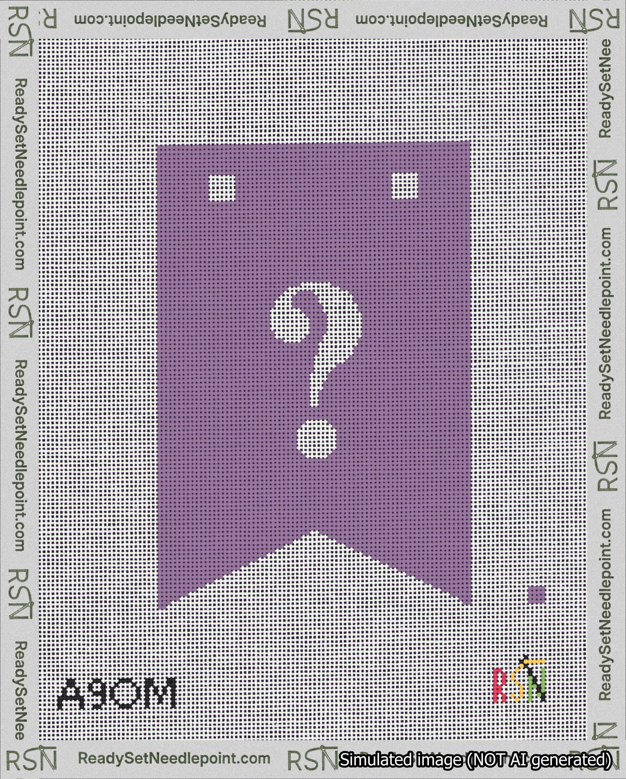 A taped needlepoint canvas with the design: Banner 18 mesh count Forked Question White on Purple.