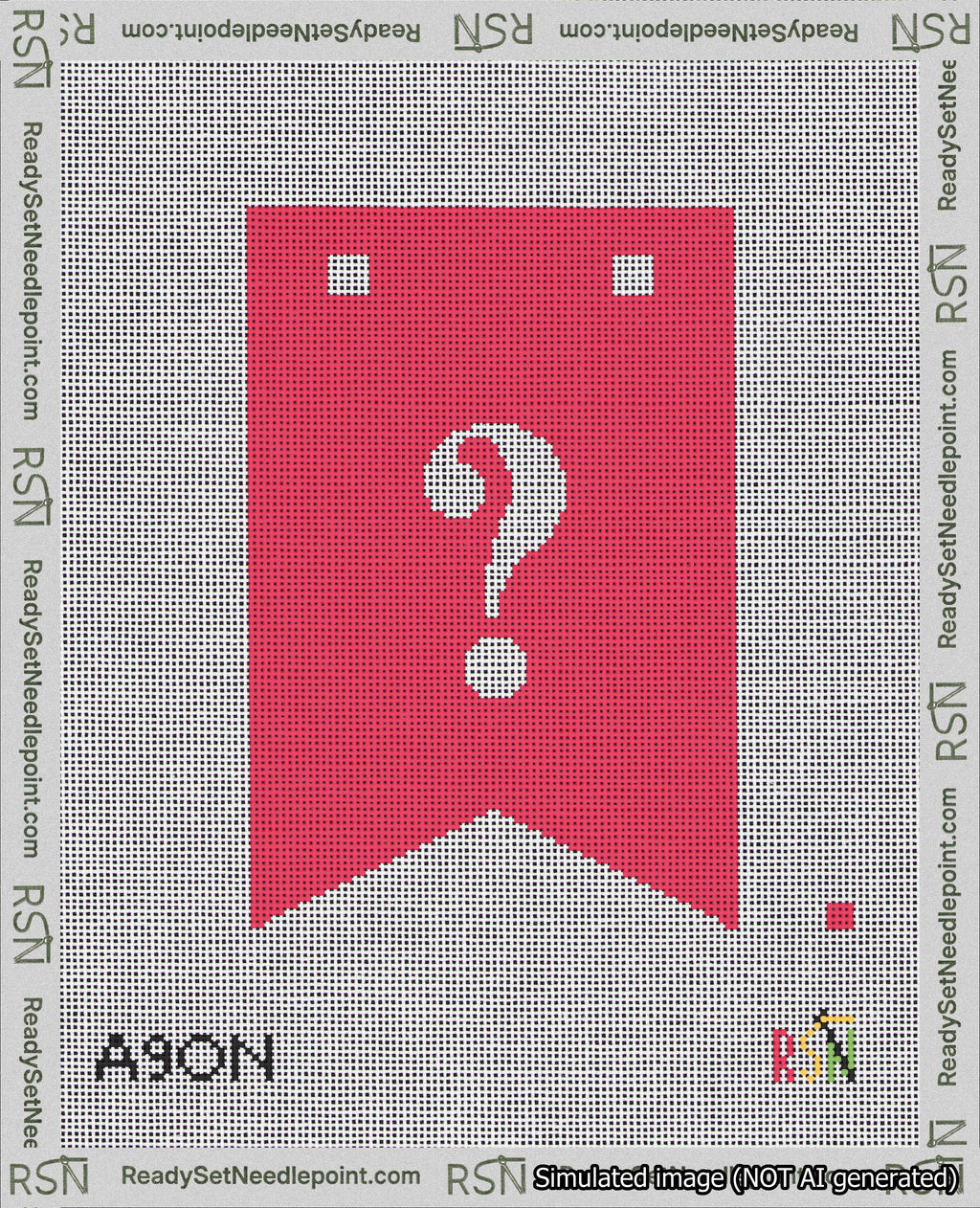 A taped needlepoint canvas with the design: Banner 18 mesh count Forked Question White on Red.
