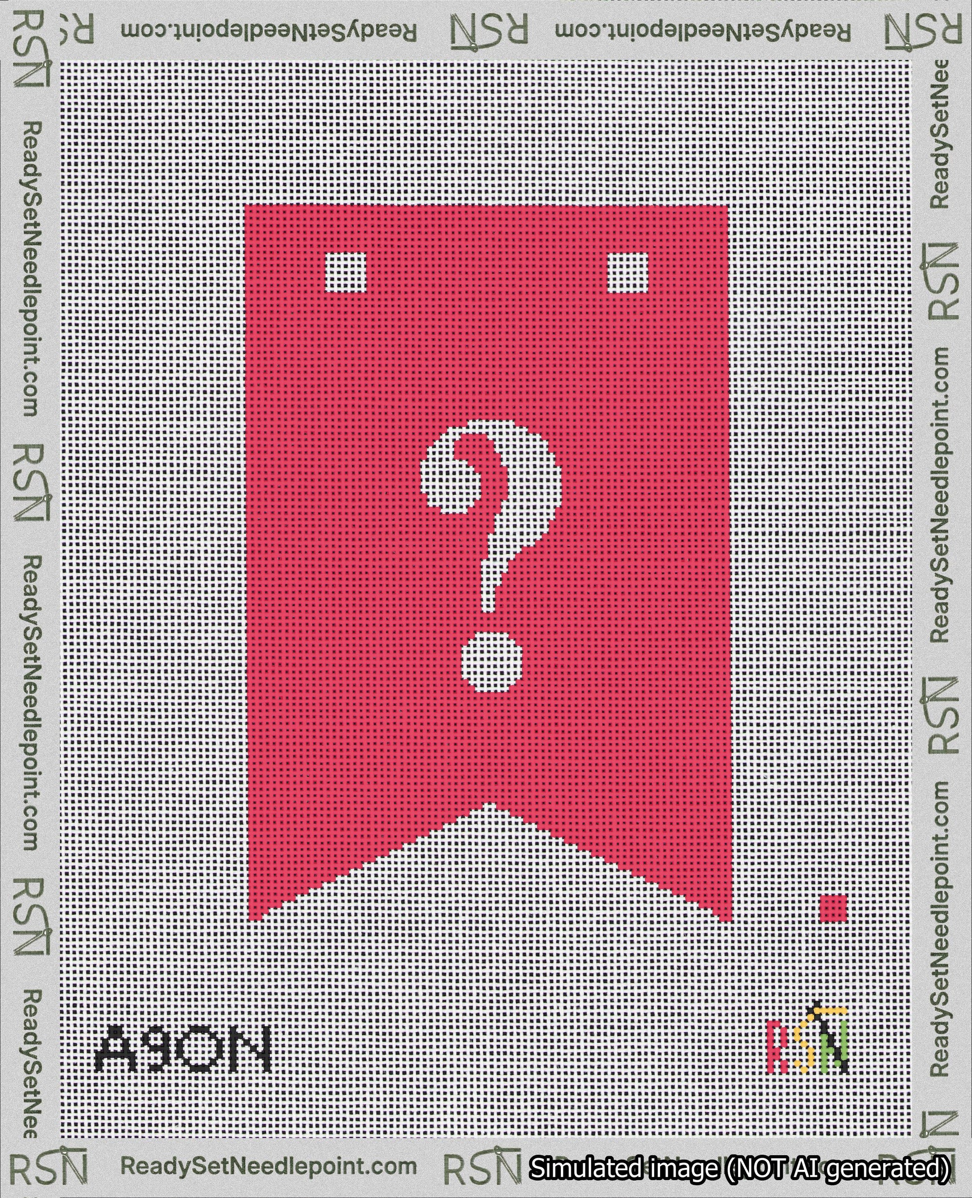 A taped needlepoint canvas with the design: Banner 18 mesh count Forked Question White on Red.