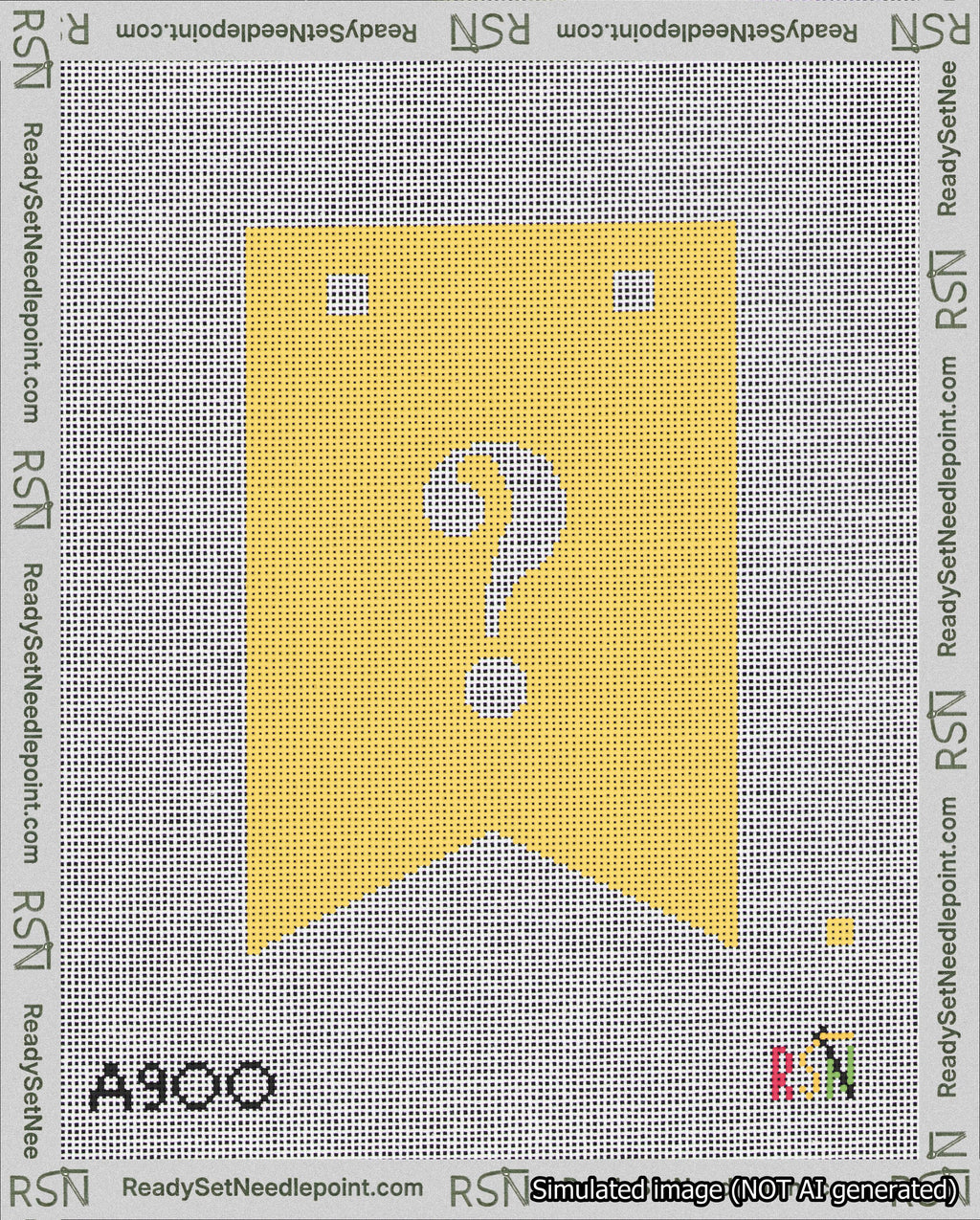 A taped needlepoint canvas with the design: Banner 18 mesh count Forked Question White on Yellow.
