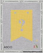 A taped needlepoint canvas with the design: Banner 18 mesh count Forked Question White on Yellow.