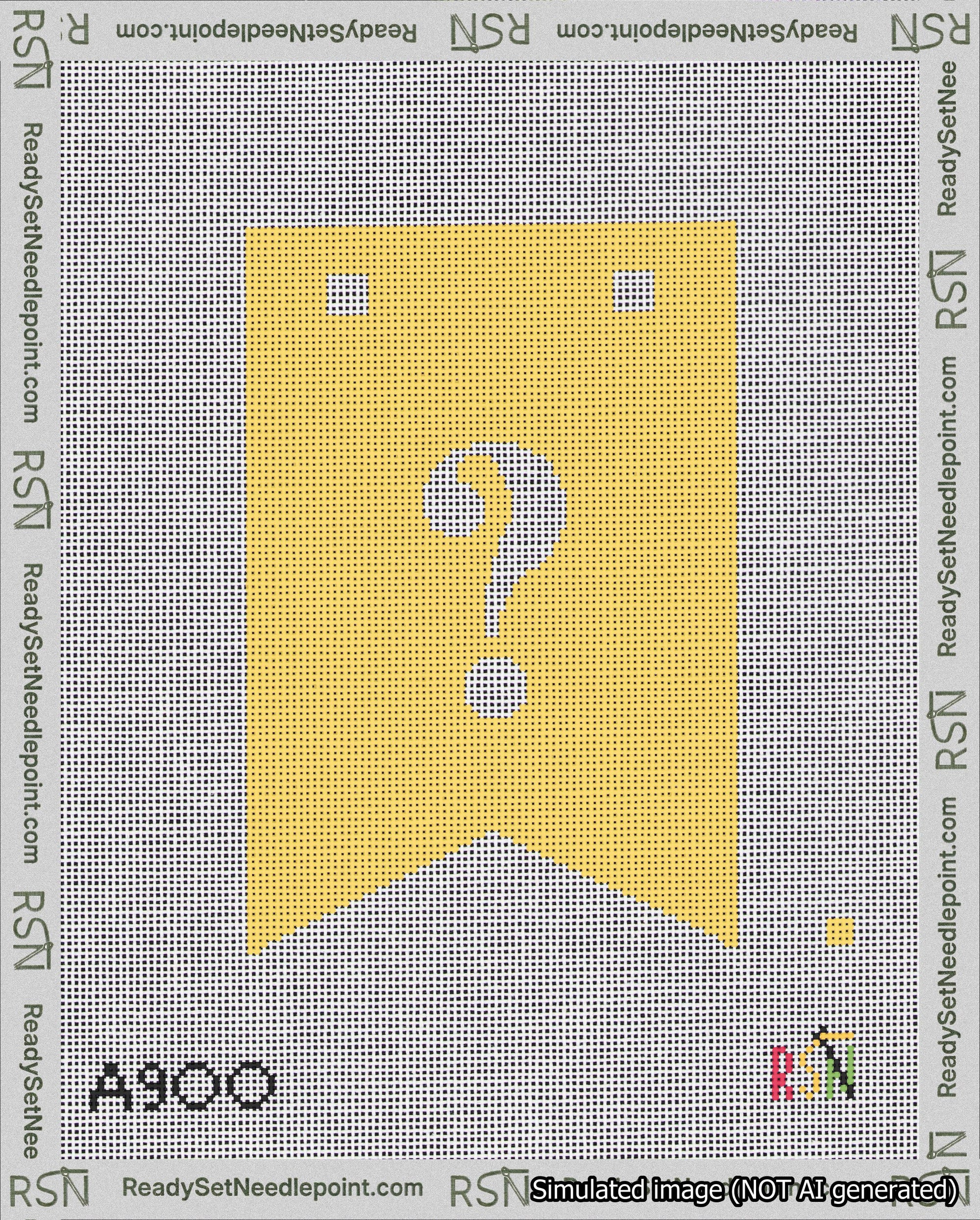 A taped needlepoint canvas with the design: Banner 18 mesh count Forked Question White on Yellow.