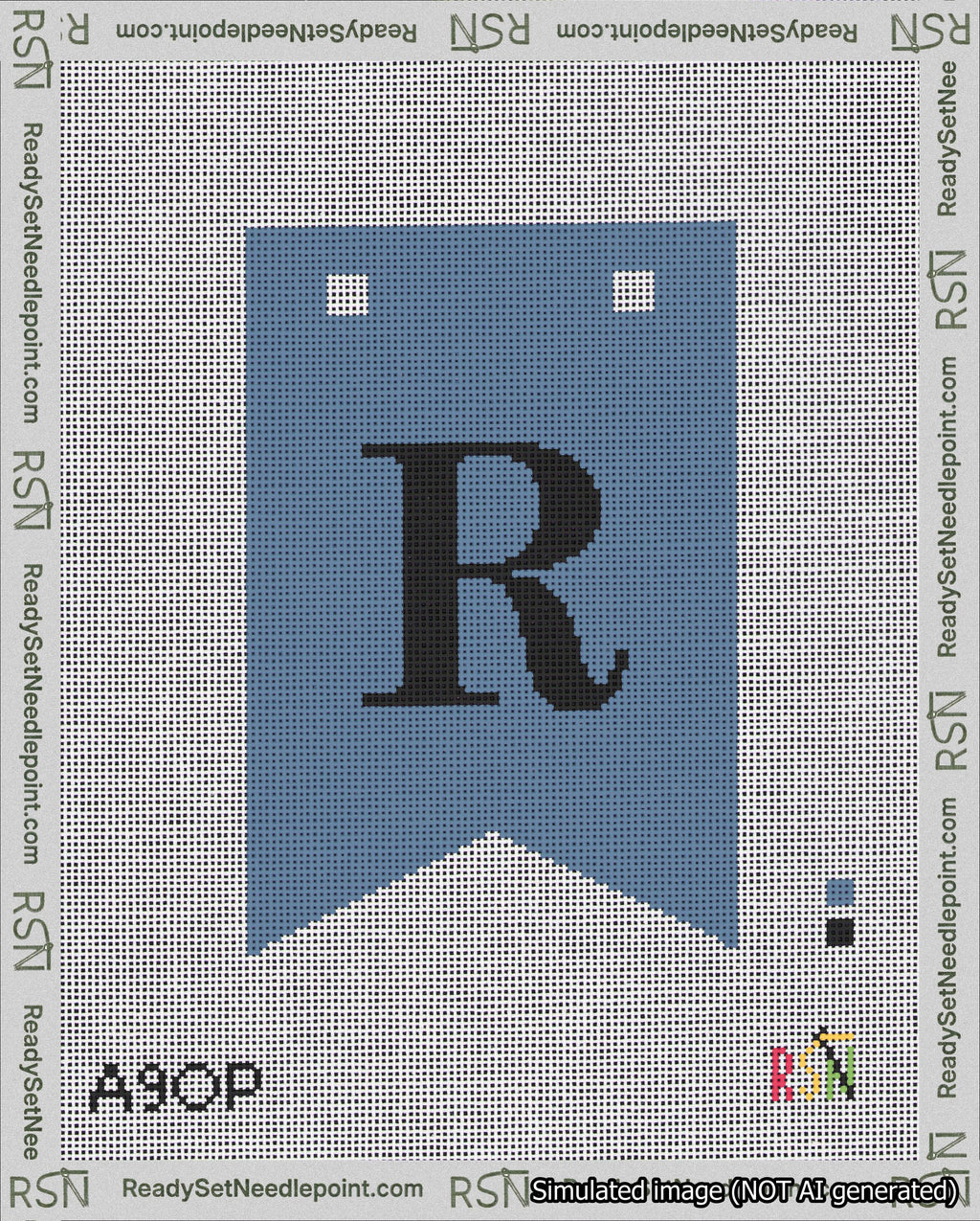 A taped needlepoint canvas with the design: Banner 18 mesh count Forked R Black on Blue.