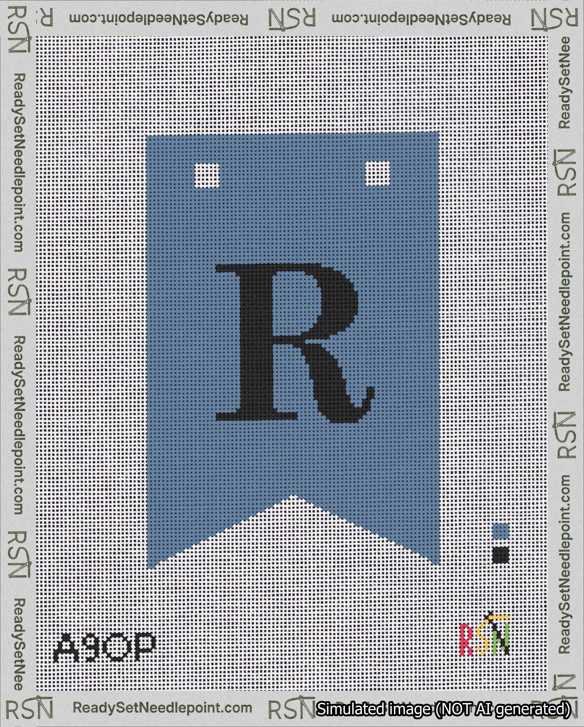 A taped needlepoint canvas with the design: Banner 18 mesh count Forked R Black on Blue.