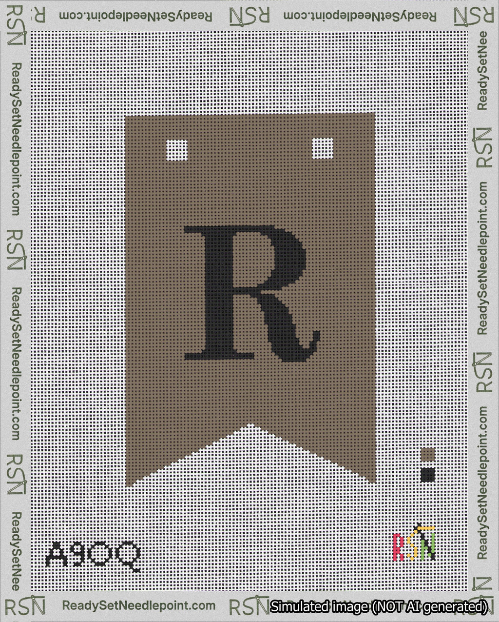 A taped needlepoint canvas with the design: Banner 18 mesh count Forked R Black on Brown.