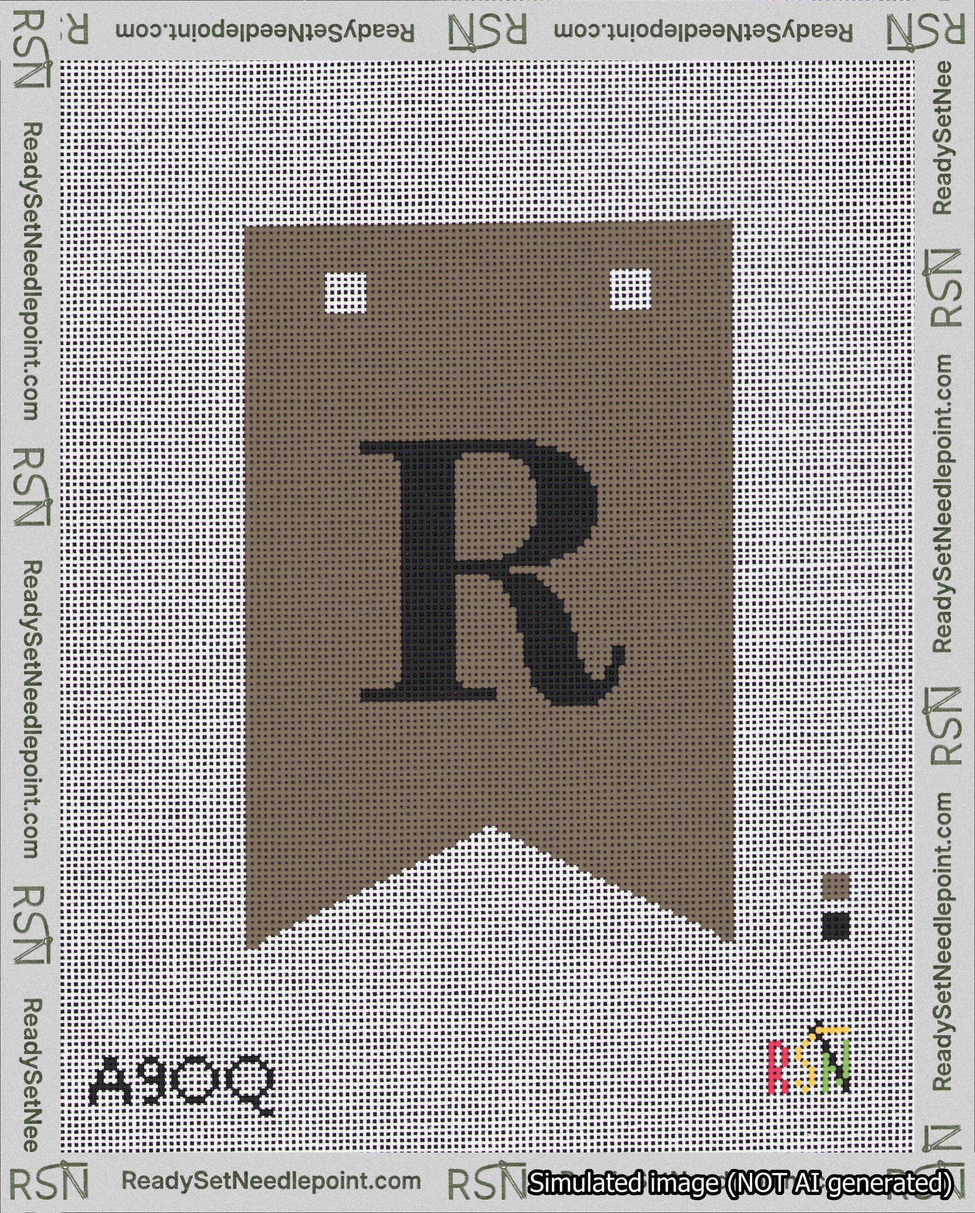 A taped needlepoint canvas with the design: Banner 18 mesh count Forked R Black on Brown.